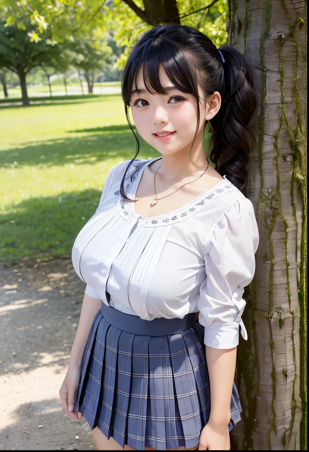( best quality,Masterpiece:1.3, super high resolution),( very detailed、 caustics) ( is present:1.4, RAW shooting、)Ultra- is present Capture、 very detailed、 's natural skin texture isolated on a light blue background 、Masterpiece、( Japanese wearing blouse and pleated skirt:1.3)、 adorable expression、Expressions of joy、、: 、baby face、 innocent gingly cute、 blackboard 、 curly hair 、ribbon、 black hair、 big breasts、Shining thighs、Shining Ass、 necklace、In the shade of a tree by the lake、Background details、smile、 invite a gaze、( anatomically accurate)、 cowboy shooting 、 attention to detail、Lift your breasts from below with both hands 、