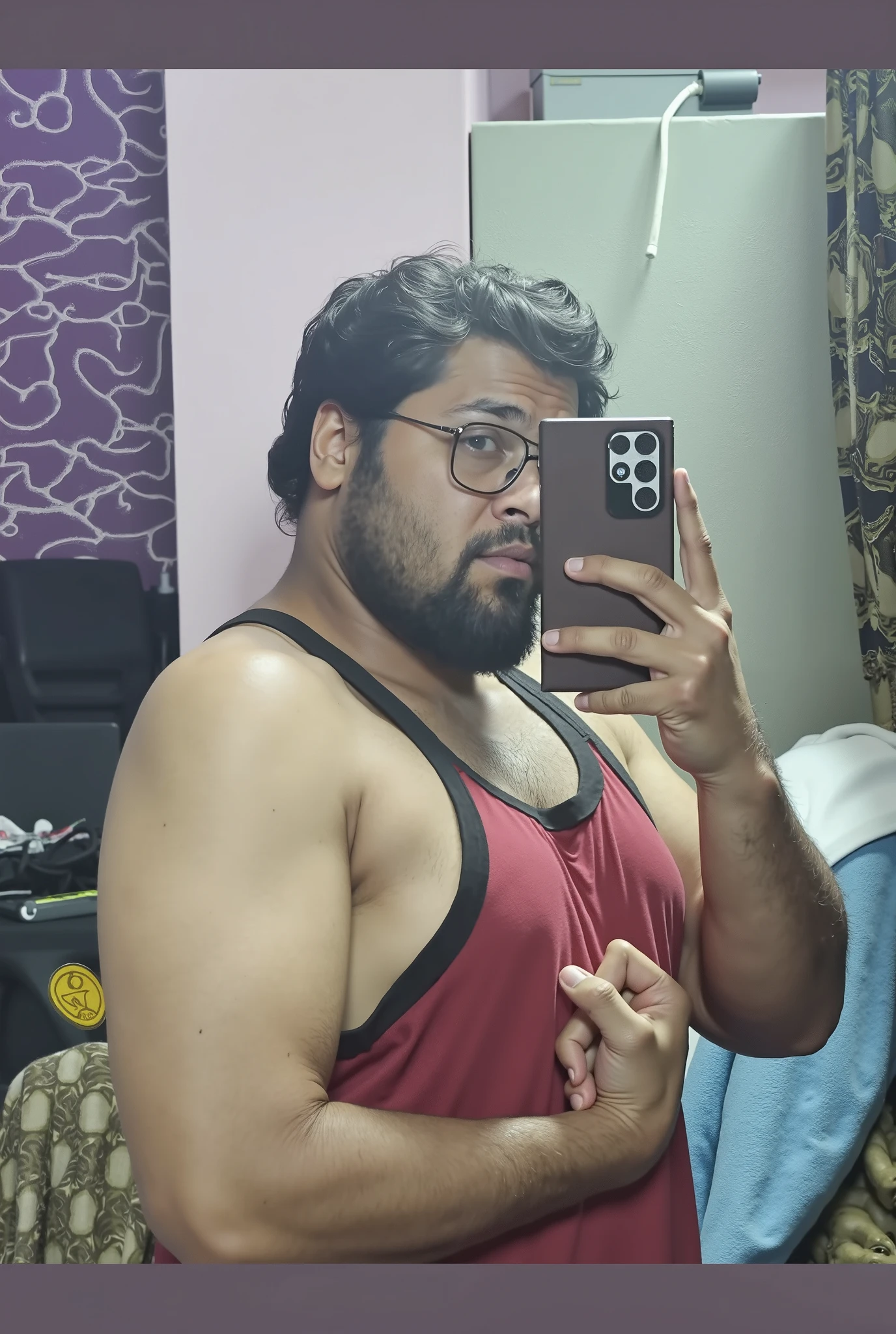 two photos side by side. On the left side: Iphone full height selfie photo of a overweight man. on the right side selfie photo of the same man, but more bulk.