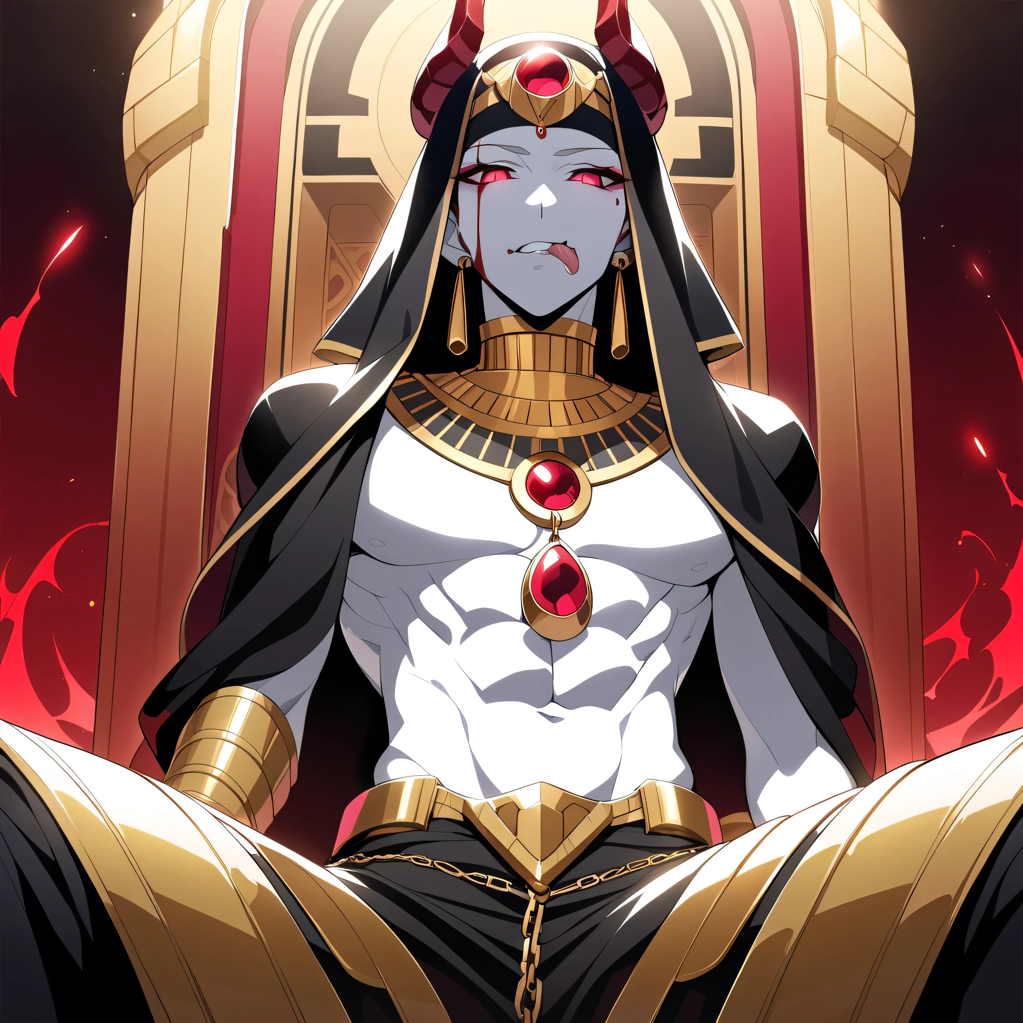 Humanoid creature wearing pharaoh's clothes, with a golden aura around it, with s all over its body, evil look, young, cosmic aura, various tentacleblood on face