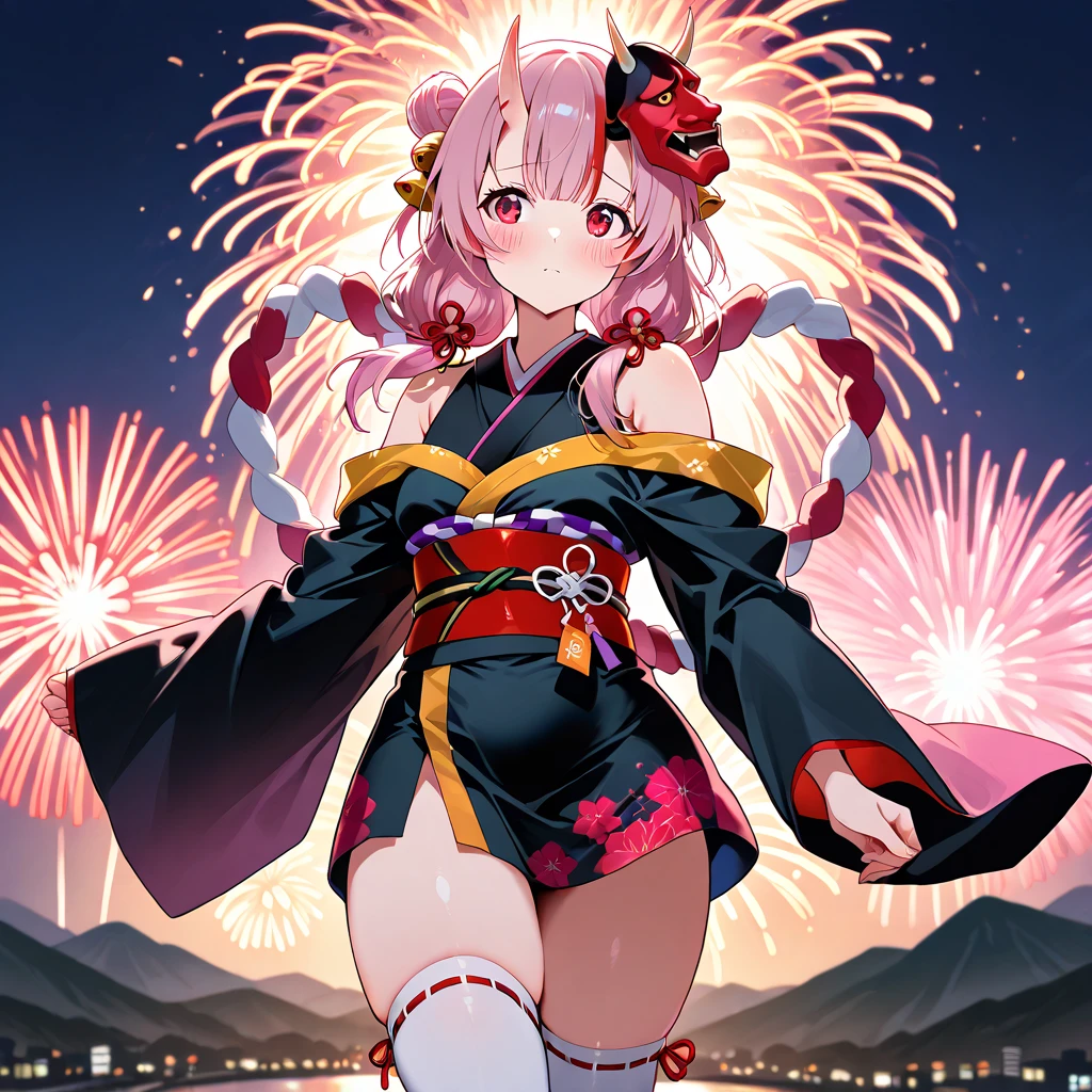 Festival poster, Happy New Year 2024,wide wide shot,Expansive night sky,Winter snowflakes fluttering,landscape,painting,illustration,portrait,yae miko, pink hair, sleeves separated, strapless,((grand fireworks display in the night sky)),mesmerizing colors fireworks,twinkling stars,romantic ambiance,overwhelming sense of excitement,festive atmosphere,magical moment,inspiring and artistic composition. best quality,4k,8k,highres,masterpiece:1.2,ultra-detailed,realistic:1.37,