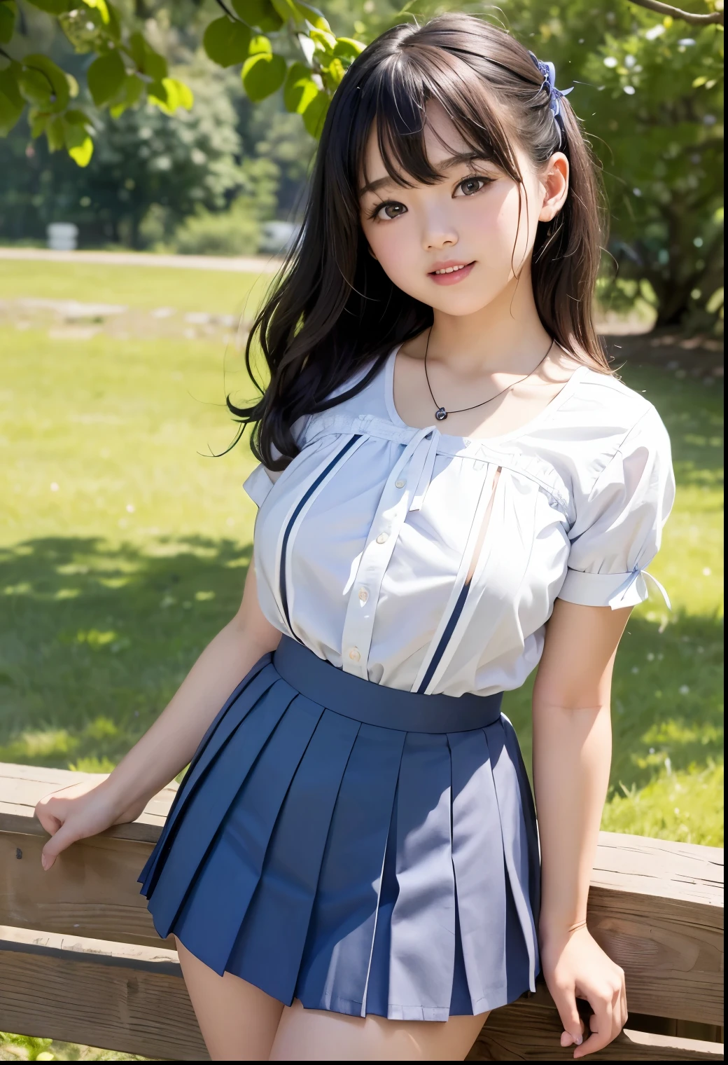 ( best quality,Masterpiece:1.3, super high resolution),( very detailed、 caustics) ( is present:1.4, RAW shooting、)Ultra- is present Capture、 very detailed、 's natural skin texture isolated on a light blue background 、Masterpiece、( Japanese wearing blouse and pleated skirt:1.3)、 adorable expression、Expressions of joy、、: 、baby face、 innocent gingly cute、 blackboard 、 curly hair 、ribbon、 black hair、 big breasts、Shining thighs、Shining Ass、 necklace、In the shade of a tree by the lake、Background details、smile、 invite a gaze、( anatomically accurate)、 cowboy shooting 、 attention to detail、Lift your breasts from below with both hands 、