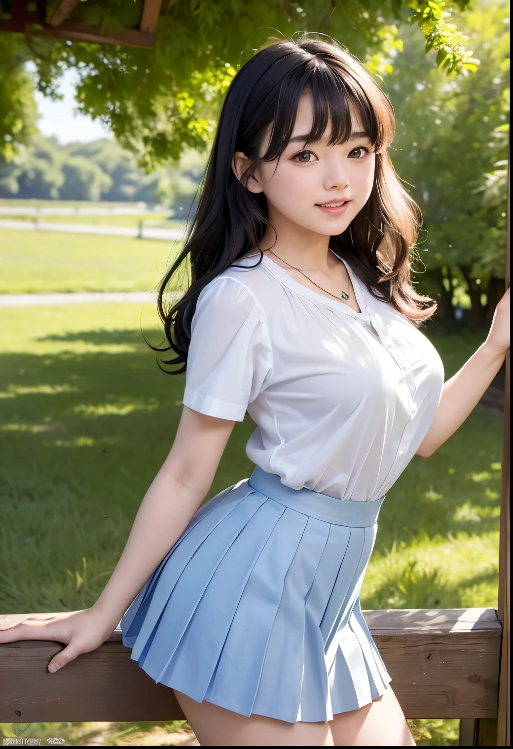 ( best quality,Masterpiece:1.3, super high resolution),( very detailed、 caustics) ( is present:1.4, RAW shooting、)Ultra- is present Capture、 very detailed、 's natural skin texture isolated on a light blue background 、Masterpiece、( Japanese wearing blouse and pleated skirt:1.3)、 adorable expression、Expressions of joy、、: 、baby face、 innocent gingly cute、 blackboard 、 curly hair 、ribbon、 black hair、 big breasts、Shining thighs、Shining Ass、 necklace、In the shade of a tree by the lake、Background details、smile、 invite a gaze、( anatomically accurate)、 cowboy shooting 、 attention to detail、Lift your breasts from below with both hands 、