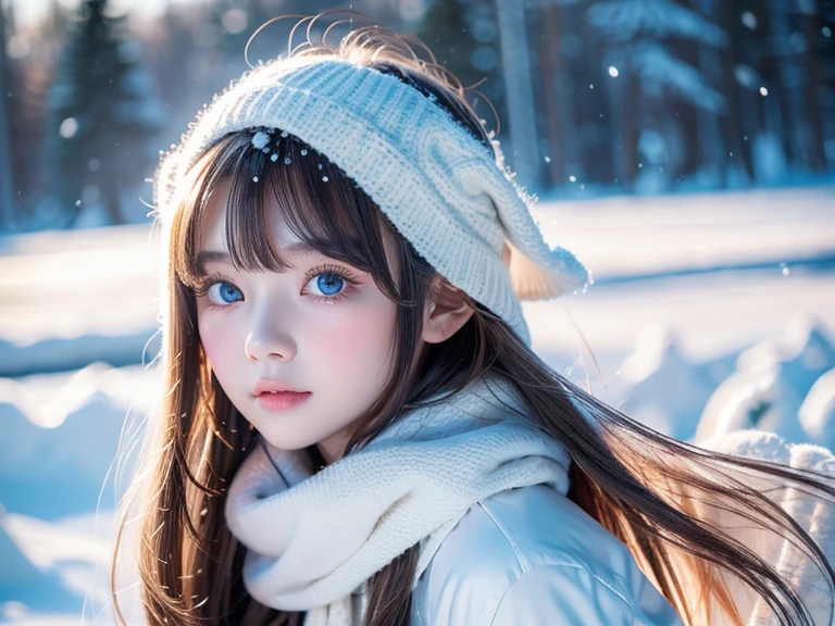 (Highest quality: 1.5), (masterpiece: 1.2), (Realistic: 1), 4K, (RAW Photos: 1.1), 1 person, Baby Face, 20-year-old, Looking at the audience, Black Hair, Icelandic, snow, ice, cold, Eskimo, Portraiture, winter, gloves, scarf, close your eyes, smile, cute, Upper Body, snow piled up, Wide Shot,