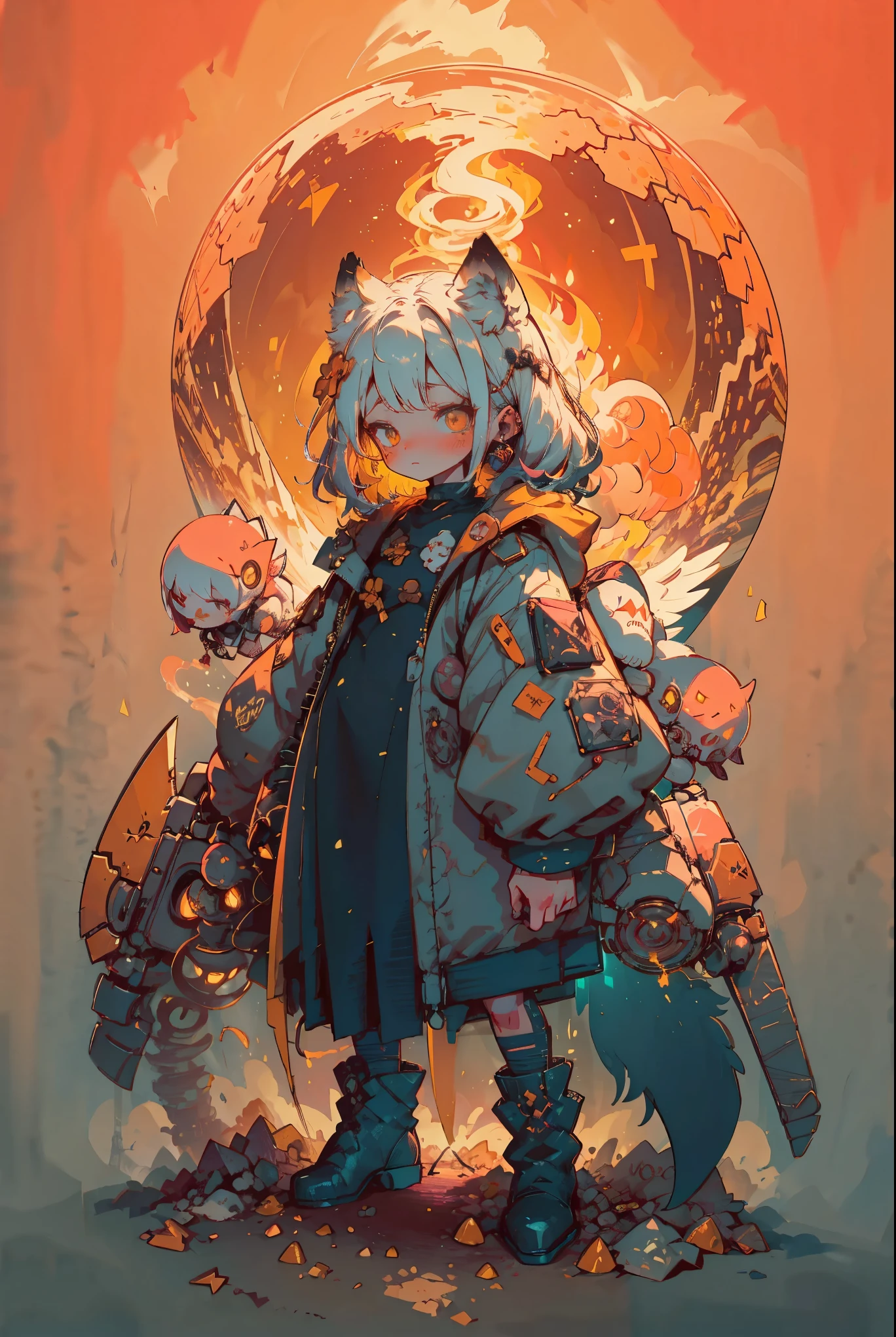 Full Body Portrait , ( super detailed , super high res , detailed background ),((2D)),(( flat color)),((achromatic )), One girl ,, viewers, loose red flight suit , wear large sheepskin colored bomber jacket, ( big yellow boots ), Plush color , Full Body Portrait , wear VR goggles , (( Baron Desert Intracat background )), ((Doomsday City)), Expressing the whole body , (( drone next to her )), Pop Art Style, exoskeleton,This image depicts a fantastical scene with a young woman wearing an elaborate, ornate outfit standing amidst a decorative, floral-filled setting. The woman has a serene, contemplative expression and is surrounded by several white wolves.
From a technical and artistic perspective, the image showcases:
- Intricate, detailed character design with a striking, ornamental outfit featuring rich colors, patterns, and textures
- Skilled use of lighting and atmospheric elements to create a sense of magical, dreamlike ambiance
- Careful composition, with the central figure and surrounding wolves forming a balanced, visually engaging layout
- Incorporation of natural, floral motifs that complement the overall fantastical theme
- Expressive character rendering, with subtle facial features and body language that convey a sense of tranquility and poise
Overall, the image presents a visually captivating, imaginative scene that blends elements of fantasy, nature, and intricate artistic styling. The level of detail and thoughtful composition create a sense of immersion and wonder for the viewer.
A young woman with short, white hair, light skin, and striking, expressive eyes stands centrally in the image. She is positioned slightly left of center, facing forward. Her posture is confident and regal, and she wears an off-the-shoulder, flowing, layered garment in shades of white and dark gray/black, suggesting an ornate, almost ceremonial style. She has a slender build and is adorned with accessories that appear delicate and ornamental.