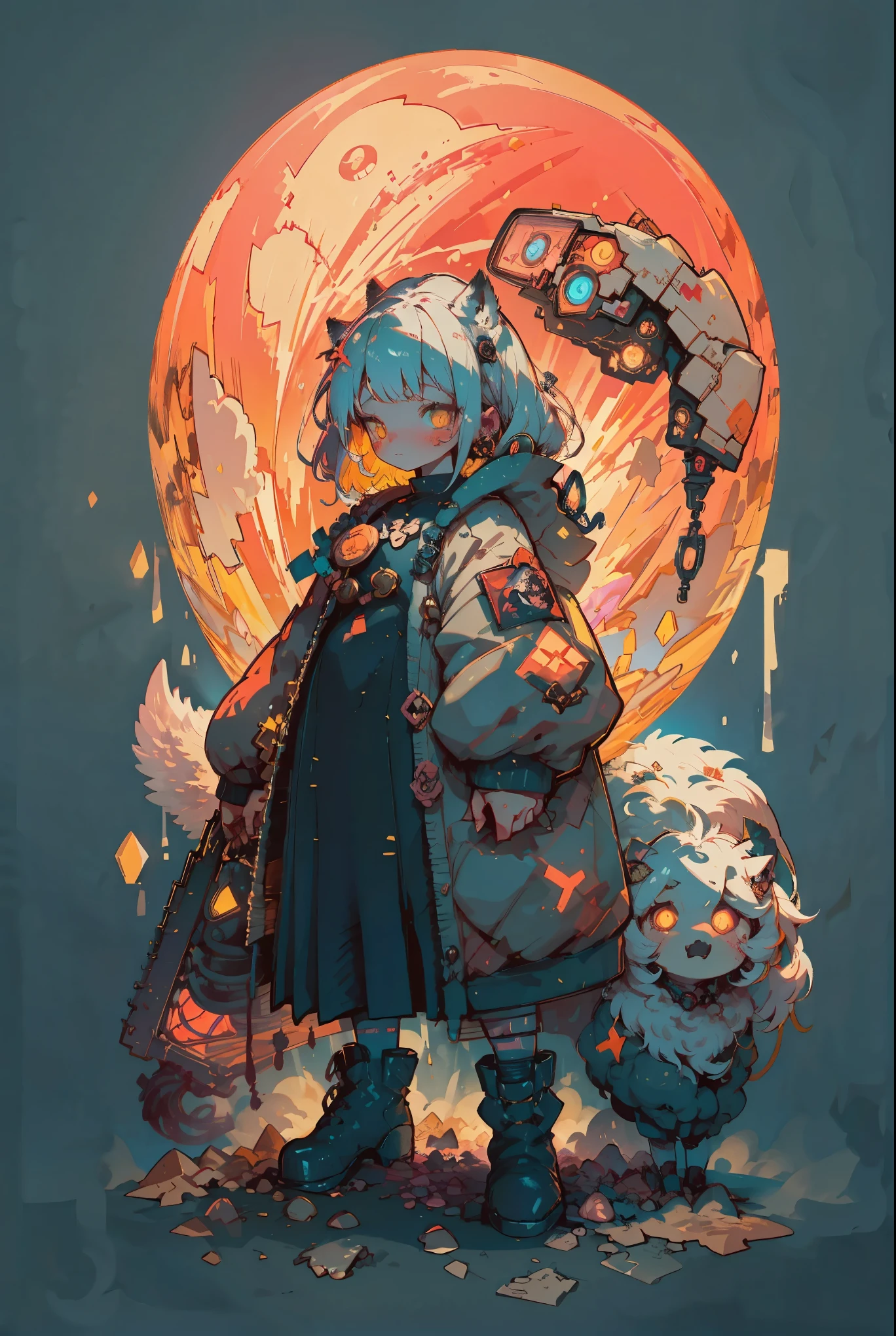   Full Body Portrait , (  super detailed ,   super high res ,   detailed background ),((2D)),((  flat color)),((achromatic  )),  One girl ,,   viewers,   loose red flight suit  ,   wear large sheepskin colored bomber jacket, ( big yellow boots  ),  Plush color  ,   Full Body Portrait ,  wear VR goggles , ((  Baron Desert Intracat background  )), ((Doomsday City)),   Expressing the whole body , ((  drone next to her  )), Pop Art Style, exoskeleton,This image depicts a fantastical scene with a young woman wearing an elaborate, ornate outfit standing amidst a decorative, floral-filled setting. The woman has a serene, contemplative expression and is surrounded by several white wolves. 

From a technical and artistic perspective, the image showcases:

- Intricate, detailed character design with a striking, ornamental outfit featuring rich colors, patterns, and textures
- Skilled use of lighting and atmospheric elements to create a sense of magical, dreamlike ambiance
- Careful composition, with the central figure and surrounding wolves forming a balanced, visually engaging layout
- Incorporation of natural, floral motifs that complement the overall fantastical theme
- Expressive character rendering, with subtle facial features and body language that convey a sense of tranquility and poise

Overall, the image presents a visually captivating, imaginative scene that blends elements of fantasy, nature, and intricate artistic styling. The level of detail and thoughtful composition create a sense of immersion and wonder for the viewer.
A young woman with short, white hair, light skin, and striking, expressive eyes stands centrally in the image.  She is positioned slightly left of center, facing forward.  Her posture is confident and regal, and she wears an off-the-shoulder, flowing, layered garment in shades of white and dark gray/black, suggesting an ornate, almost ceremonial style.  She has a slender build and is adorned with accessories that appear delicate and ornamental. 