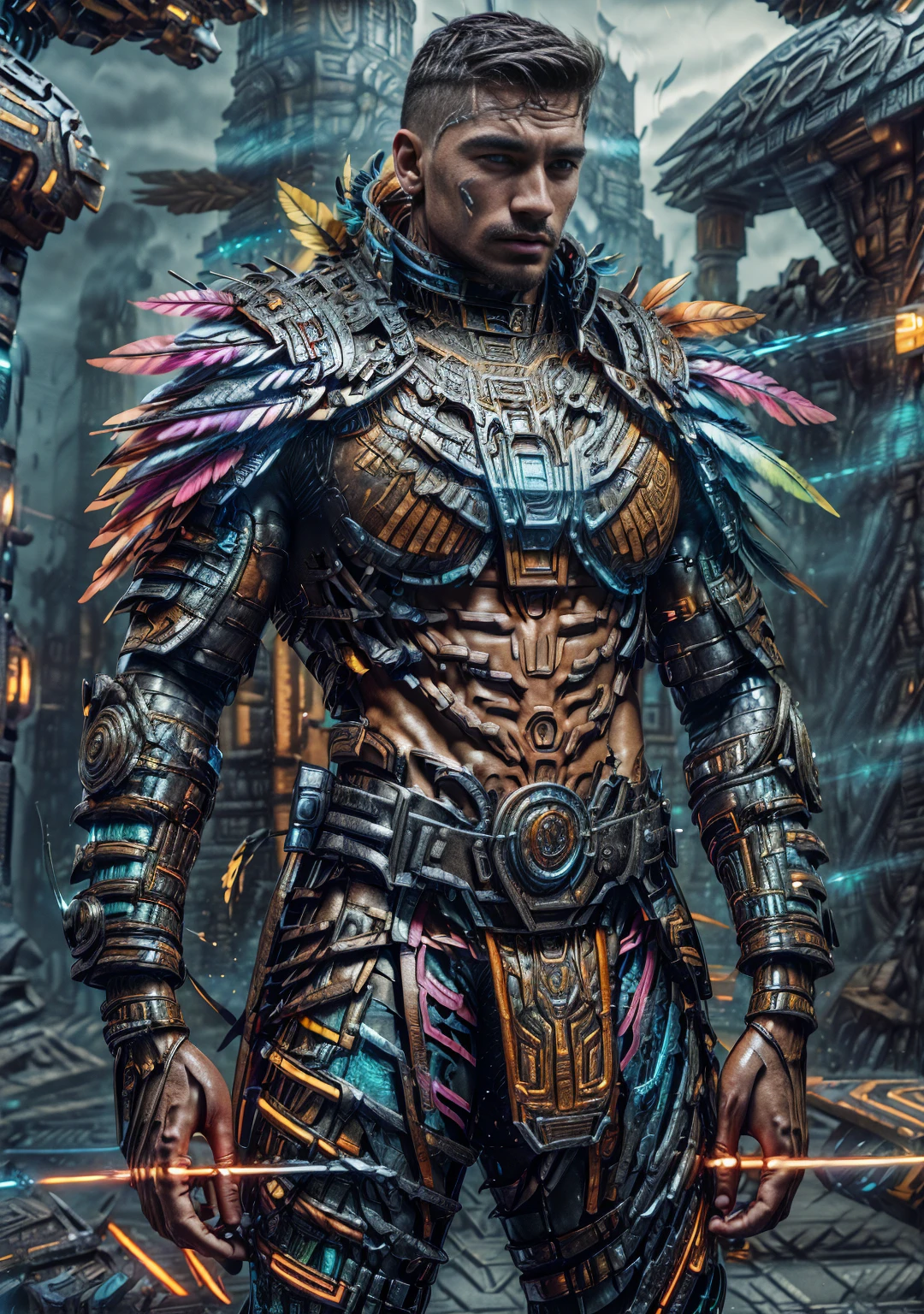 (realistic), (photorealistic), ((masterpiece)), ((best quality)), (detailed), cinematic, natural lighting, soft shadow, detailed background, photography, depth of field, intricate, detailed face, subsurface scattering, realistic eyes, muscular, manly, photo of a handsome man, chem4rmor, wearing chempunk knight armor, tubes, cables, wires, colorful liquid, colorful armor, splatter, canister, (holding sword), JuanSeaart_01