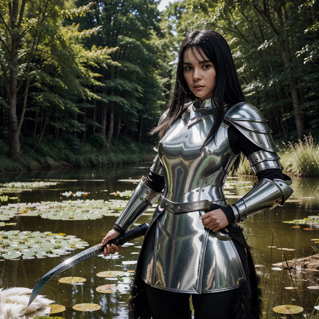 (medium shot, zoomed in upper body:1.3) photo of a, (perfect teeth:1.3) lizzard man with short straight angled black hair with grey parts, brown eyes, (tiny breasts:1.3), toned ass, (perfect hands:1.3). She is wearing (leather armor, pants and boots:1.1). She is sitting facing diagonal to camera, in a (gothic fantasy:1.3) lake with flowers and small mushrooms, evening, bright. detailed skin texture, detailed cloth texture, detailed face, (intricate sharp details:1.5), ultra high res
