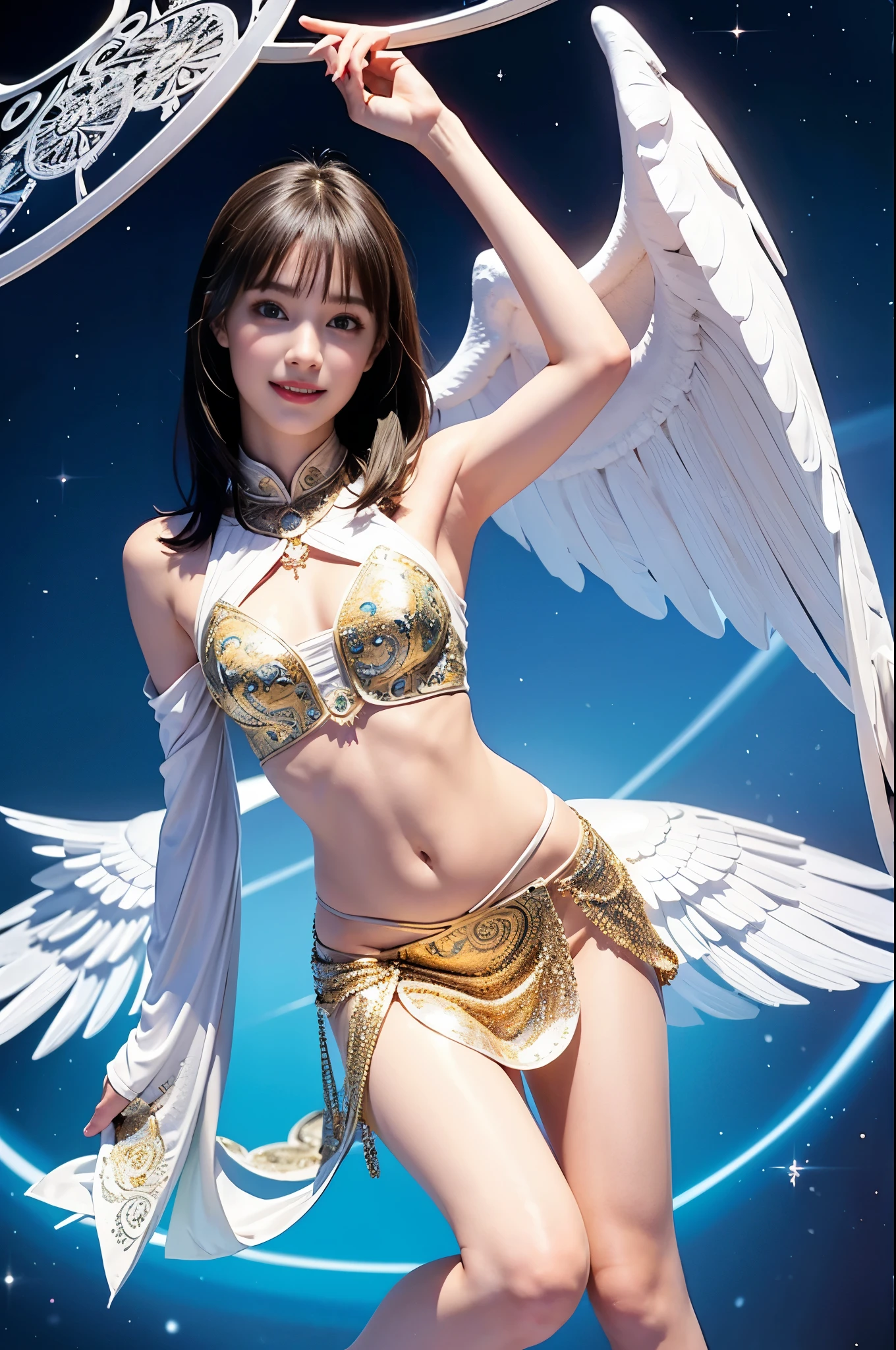 20 yo european female as ((goddess)) looking up at the sky, (dark brown short straight hair with bangs, almond eyes, brown large eyes, small face, cute face, mole under mouth), battler, masterpiece, best quality, intricate details, full body, portrait, bokeh, (fair skin, pale skin, real skin, high detailed skin texture, abs, saggy boobs, natural huge breast, slim body, skinny, very thin waist), (bio mechanized endoskeleton transparent body with intricate details Rainbow Neon lighting pattern, with angel wings), (((night view, snow, reflection, holding A large magic wand with intricate decorations, large Magic Circle at sky))), (in full color space universe background, milky way, Lens flare)