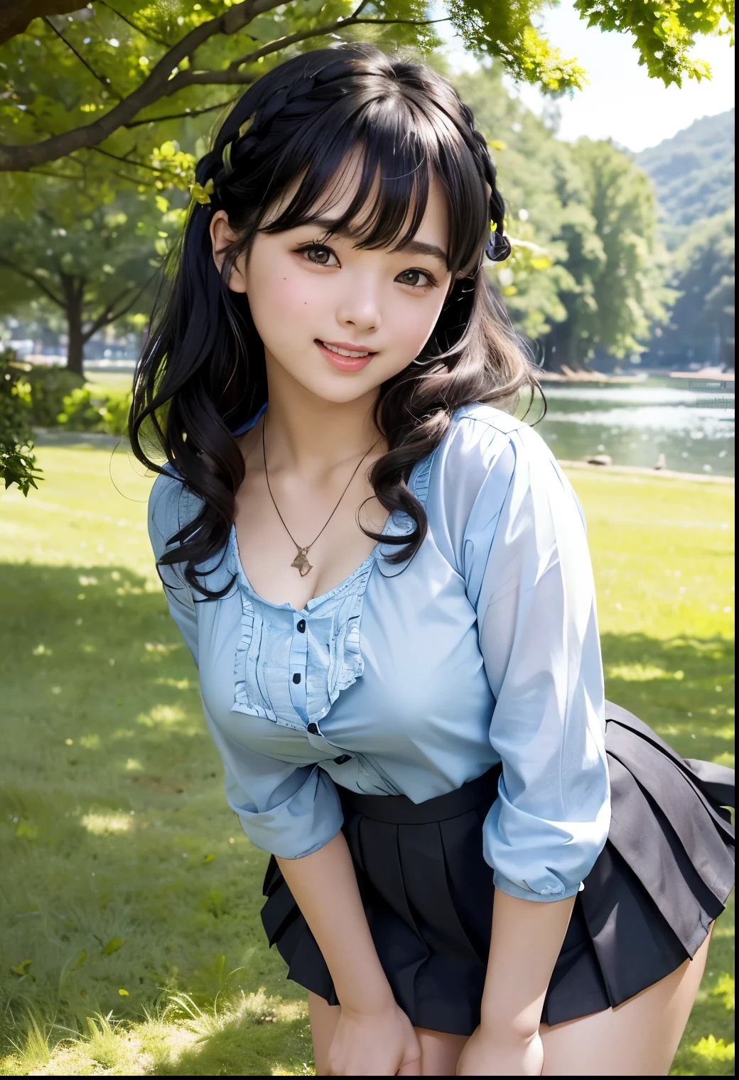 ( best quality,Masterpiece:1.3, super high resolution),( very detailed、 caustics) ( is present:1.4, RAW shooting、)Ultra- is present Capture、 very detailed、 's natural skin texture isolated on a light blue background 、Masterpiece、(Black blouse、 pleated skirt:1.3)、 adorable expression、Expressions of joy、、: 、、 innocent ly cute、 standing near blackboard 、 curly hair 、ribbon、 black hair、 big breasts、Shining thighs、Shining Ass、 necklace、In the shade of a tree by the lake、Background details、smile、 invite a gaze、( anatomically accurate)、 cowboy shooting 、 attention to detail、Lift your breasts from below with both hands 、