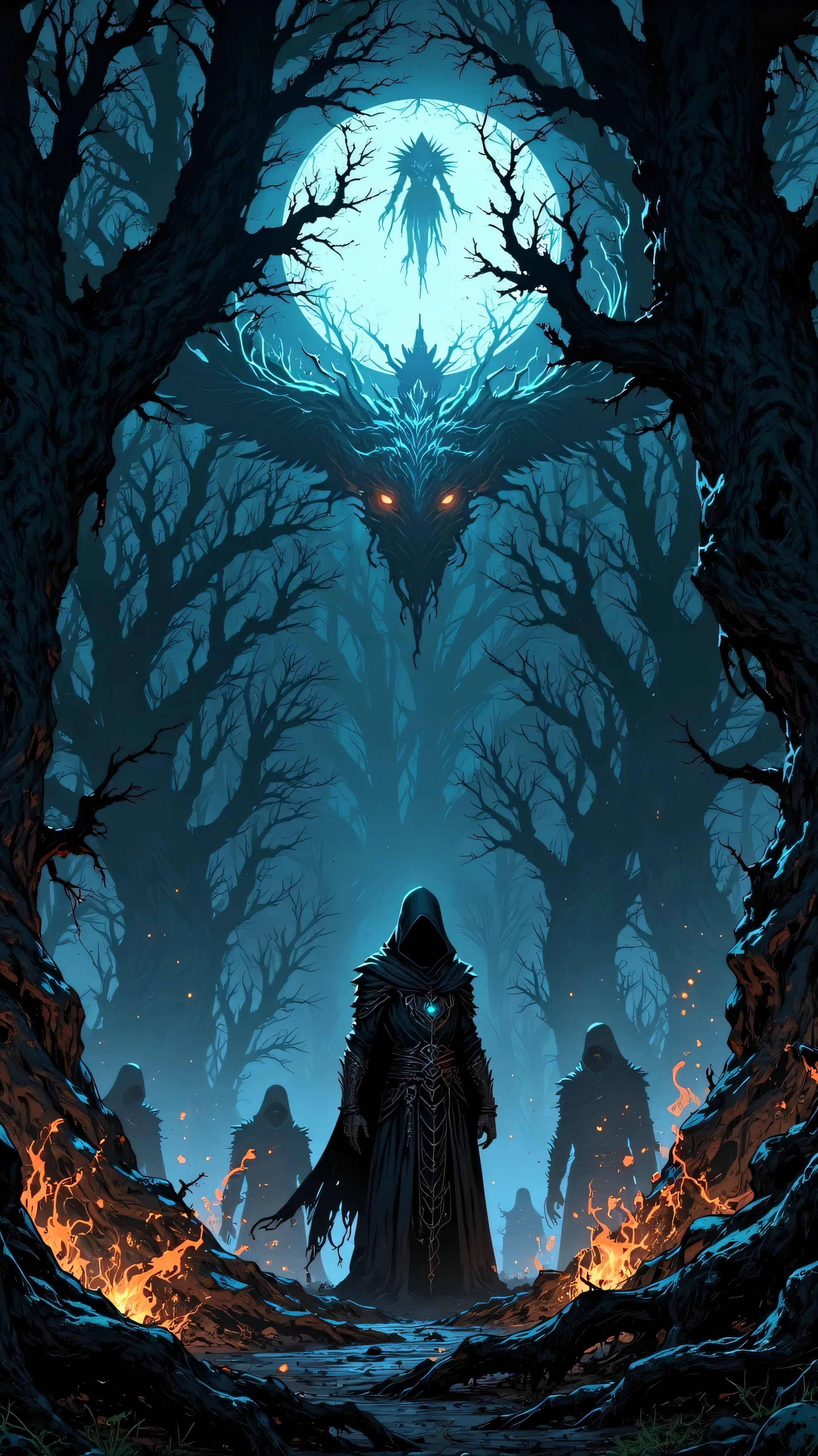 A dark forest where shadows dance around a moonlit clearing. in the center, a hooded figure performs a dark ritual , while tormented spirits float in the air , trapped between worlds .
