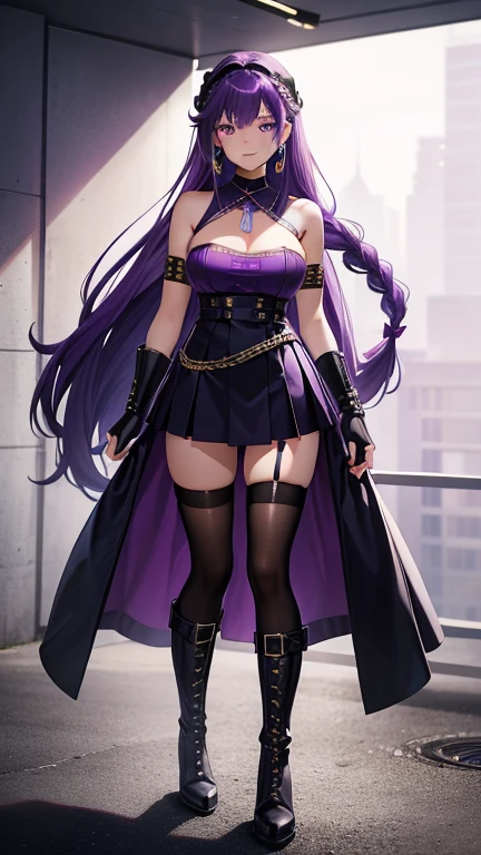 Full body, beatiful purple eyes, blush, cute face,  (1 cute woman, solo: 1.1), very ???????????, long purple hair, shiny purple crop top, shiny purple skirt, shiny purple gloves, shiny purple heel boots