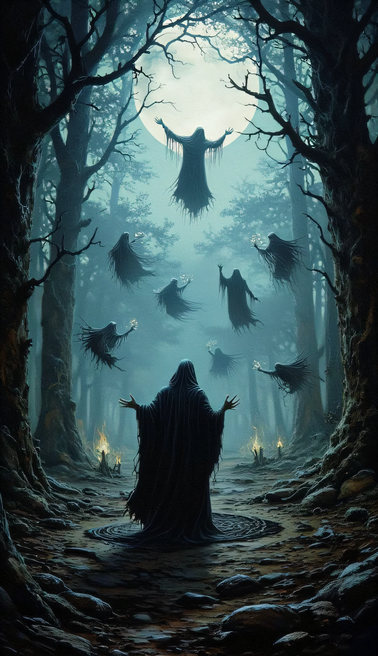 A dark forest where shadows dance around a moonlit clearing. in the center, a hooded figure performs a dark ritual , while tormented spirits float in the air , trapped between worlds .