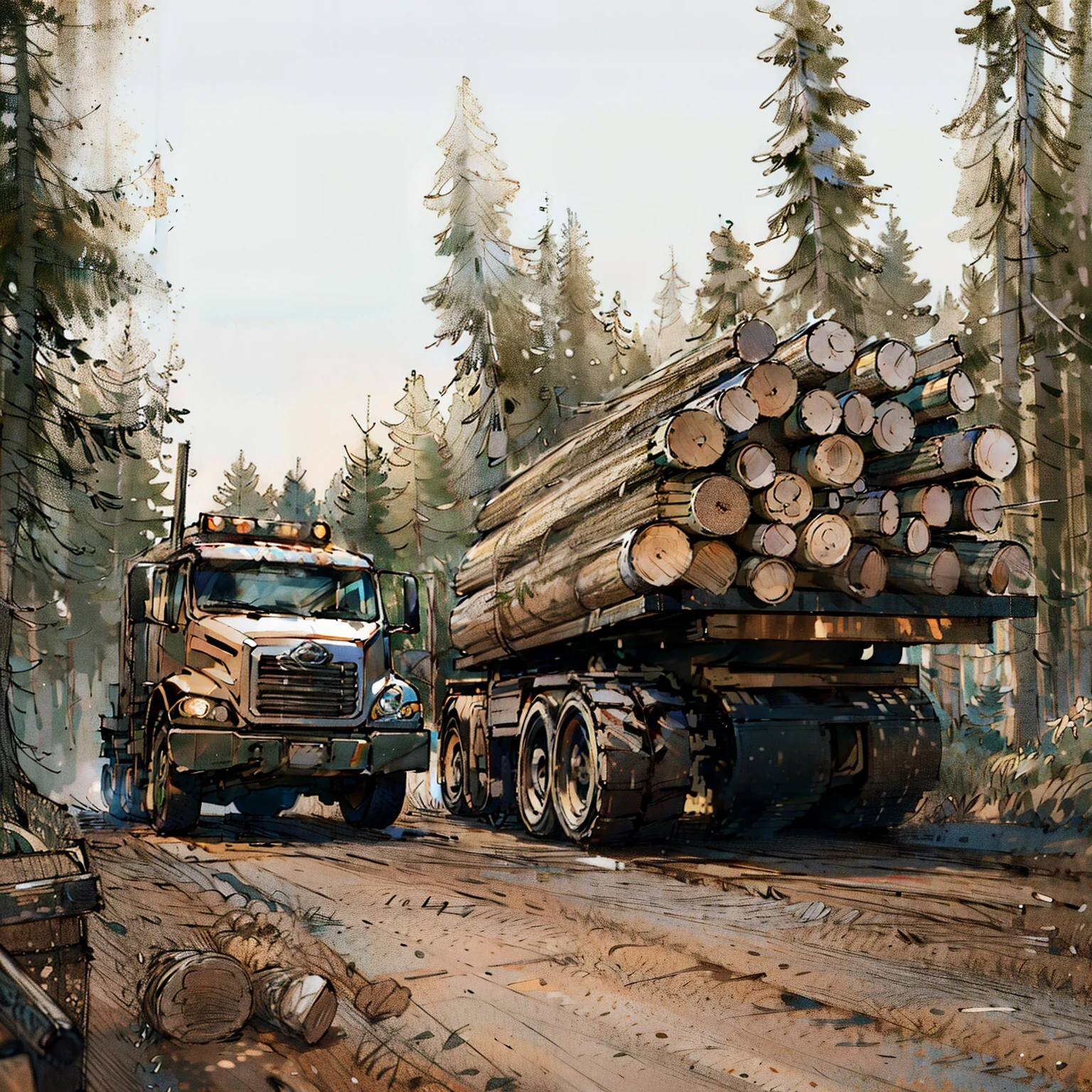 there are two trucks that are hauling logs down the road, forestry, deforestation, stock photo, heavy forest outside, heavy forest, lumberjack, big trees, wooden logs, istock, cleared forest, forest clearing, stock image, truck, shutterstock, photo shot, cut, the photo shows a large, portrait of a big, forest clearing landscape, boreal forest