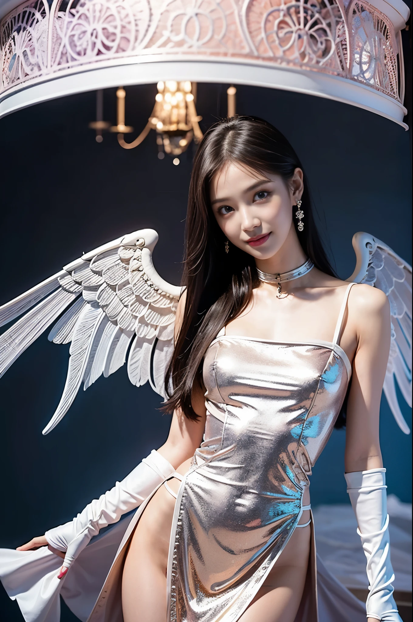 A surreal picture of a beautiful Thai woman with long silver hair and bangs, dressed in a light, bare-chested dress, revealing her body covered in thin, multi-colored tattoos that melt in light, standing and smiling, with a pink liquid waving. and golden wings and tail