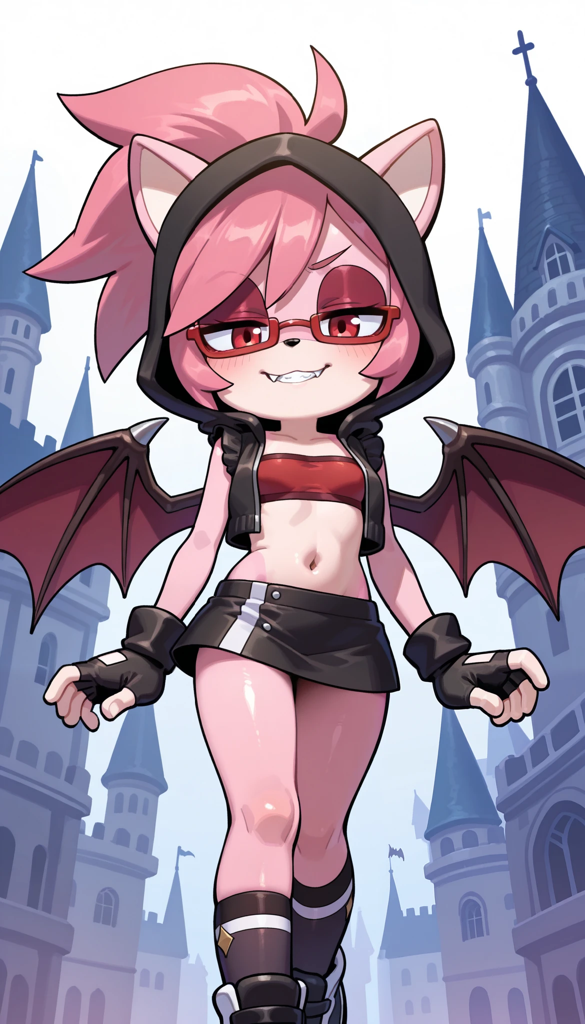 Furry girl, young, bat, magenta hair, spiky hairstyle, spiky side hair, emo girl, red eyes, two tone body fur, pink body fur, clear pink body fur, small breasts, bat wings on back, fangs, ((red glasses, black hood on head, black vest, open clothes, black and purple frilly bikini, mini skirt, bandages on hands)), detailed face, detailed body fur, detailed body, detailed eyes, glistering body, shiny body, :3, sassy face, standing, perfect lighting, perfect shadows, perfect eyes, perfect hair, perfect face, gorgeous body, feets whit three toes, full body, dark tower, night sky, solo,