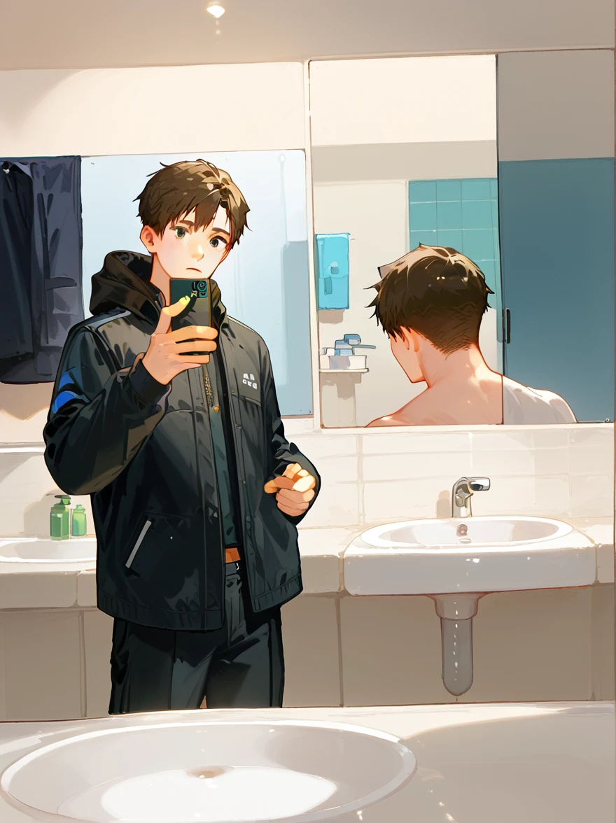 A boy is naked after taking a bath，One hand holding a towel，The other hand is playing with the phone