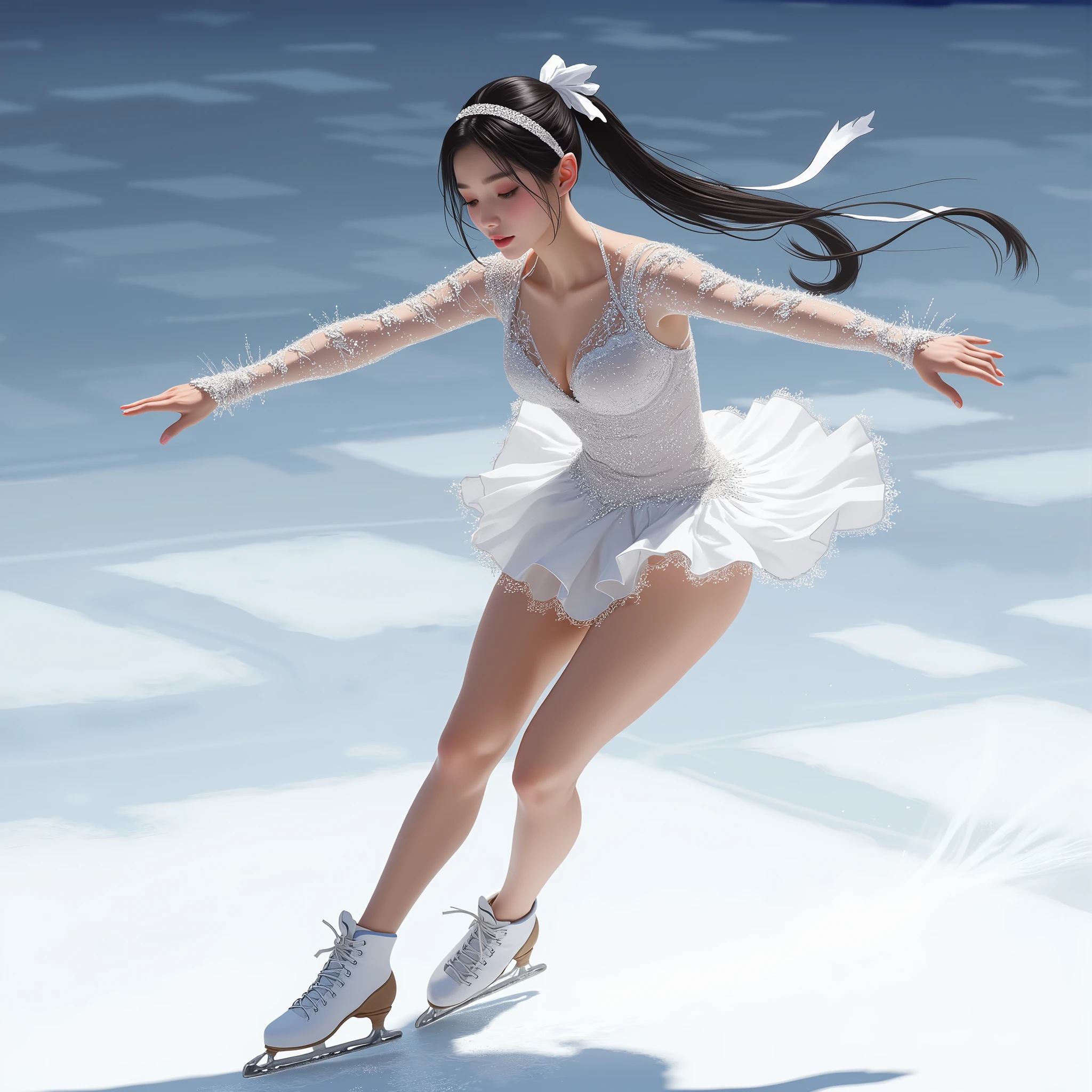 A white-skinned Asian woman with black hair and bangs and a ponytail, with eyes closed skating on ice, curving the body in the shape of the letter C, near the screen in a bright pink leotard