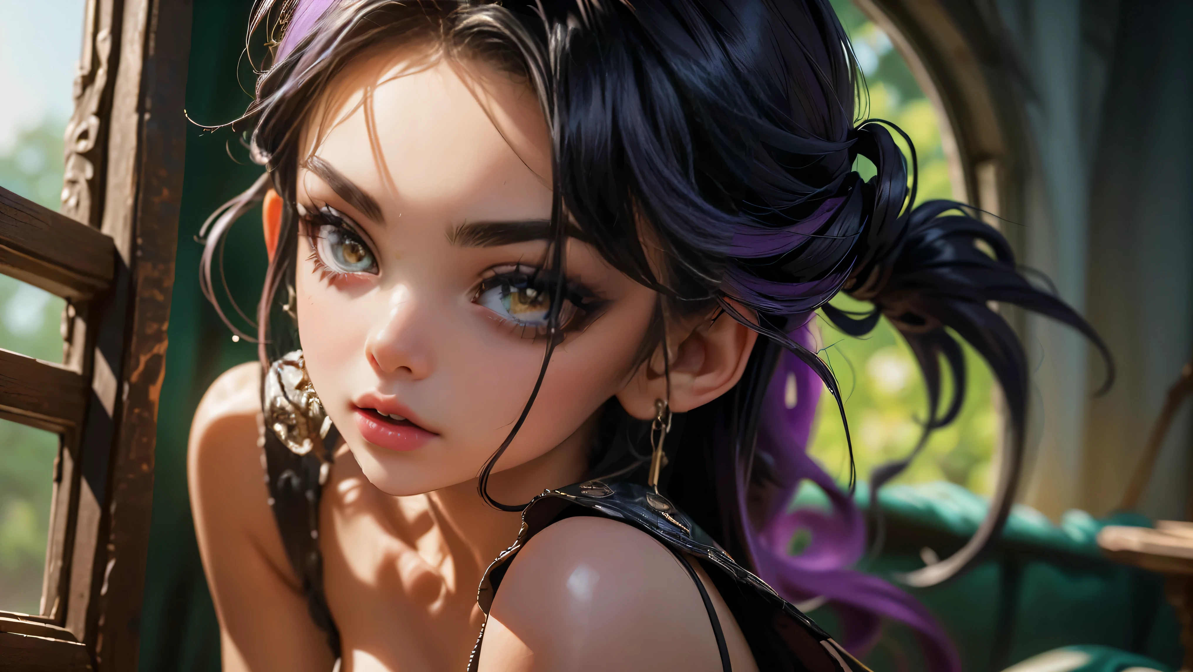 Masterpiece, Hi-detailed, best quality, 8K, (realistic), (Middle ages), ((single girl, solo, only one girl)), (cowboy shot), (close up), ((standing)), ((goth girl)), ((li girl)), ((makeup)), ((long eyelashes, mascara, eyeliner)), ((black eyeliner)), ((dark lips)), ((slave girl)), ((girl standing looking out of the window)), ((welcoming you home, excited for you)), ((wanting to entiice you)), ((cute, young, 15)), (tall and lanky), (Skinny), (thin frame), (fit, body), (feminine body), (purple hair), (small breasts, round breasts), ((sexy clothes)), ((extremely revealing)), cleavage, beautiful, perfect face, perfect body, large eyes, green eyes, staring at you longingly, Middle Ages, Fantasy,