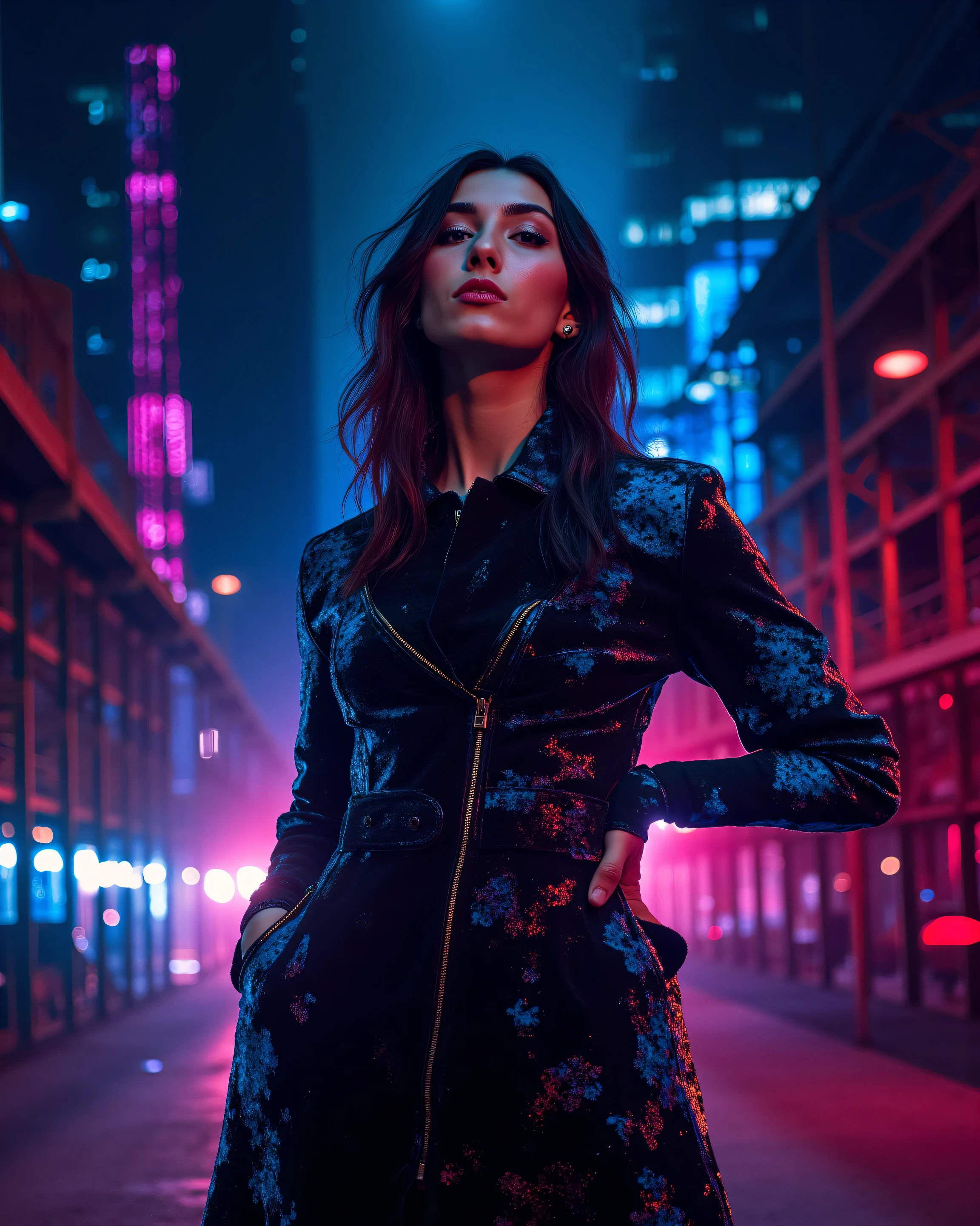 "Fashion photography of a (stylish young woman posing confidently in an urban construction environment at night:1.1), dressed in (edgy and modern haute couture clothing, with interesting textures and silhouettes:1.2), on a (nighttime urban construction site with scaffolding, steel beams, and visible building materials:1.1), with (multiple transparent overlays of complex and dynamic nighttime cityscapes:1.2) over her figure and the surroundings, (bright and colorful city lights, such as neon, streetlights, and building lights, integrated into the overlays:1.2), (rich and vibrant nighttime color palette, with dark shades of blue, purple, magenta, and hints of warm and cool city lights:1.3), (complex urban transparencies creating layers of depth and merging the model with the city in an abstract and stylized way:1.2), (editorial fashion photography style with an urban and edgy feel:1.3), (studio lighting and street lights combined to highlight the model and the textures of the building and city overlay:1.3), (dynamic and expressive fashion poses contrasting with the industrial surroundings:1.3), (medium frame or full body to show the clothing and the interaction with the surroundings:1.3), (selective depth of field to focus on the model or play with the focus on the urban layers:1.3), (raw building textures and modern urban textures in the overlays:1.3), (high resolution and sharpness to capture the details of the fashion, building and the night city:1.3), (conceptual and editorial fashion photography with a strong urban and graphic design component:1.3)."