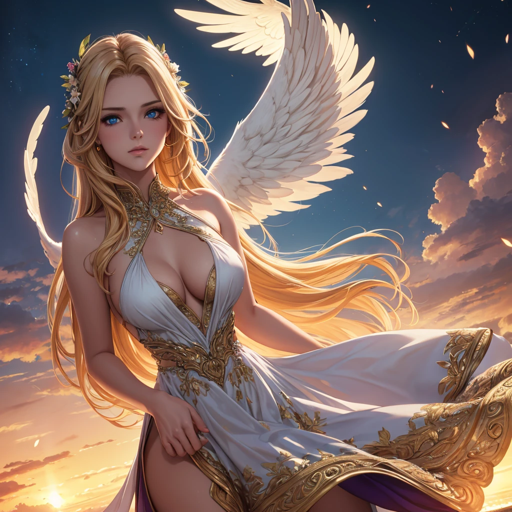 Garota de anime com asas de angel e um halo em sua cabeça, angelic wings on her back, angel largo, angel majestoso de corpo inteiro, super angel largo, top rated on PIXIV, by Shitao, angel, commission for high resolution, possivelmente um angel, angel baixo, epic angle and pose, oc commission, fullbody commission for, PIXIV