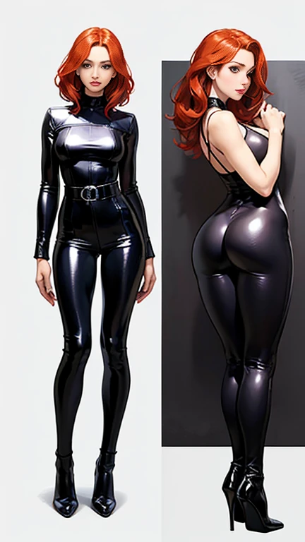 a woman in a black latex outfit, latex shiny, latex, wearing latex, wearing black latex outfit, thicc, black latex, black latex suit, latex outfits, tight full body suit, tight outfit, wearing black tight clothing, wearing tight suit, thick, full body pov, latex domme, black latex sculpt, very sexy outfit, big ass ,Joanna,short hair,blue eyes,red hair