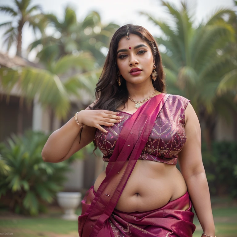(best quality,4k,8k,highres,masterpiece:1.2),ultra-detailed,(realistic,photorealistic,photo-realistic:1.37), Indian woman wearing (properly draped) saree (saree), (young woman), 20 years old, (chubby cheeks:1.5), (curvy body:1.4), (eyeglasses), (bindi), An Indian beauty, charismatic, light Indian- skin, view the viewer, luxurious villa in the background, (detailed facial features), full-body shot, hd, 2k, 4k , 8k, 16k