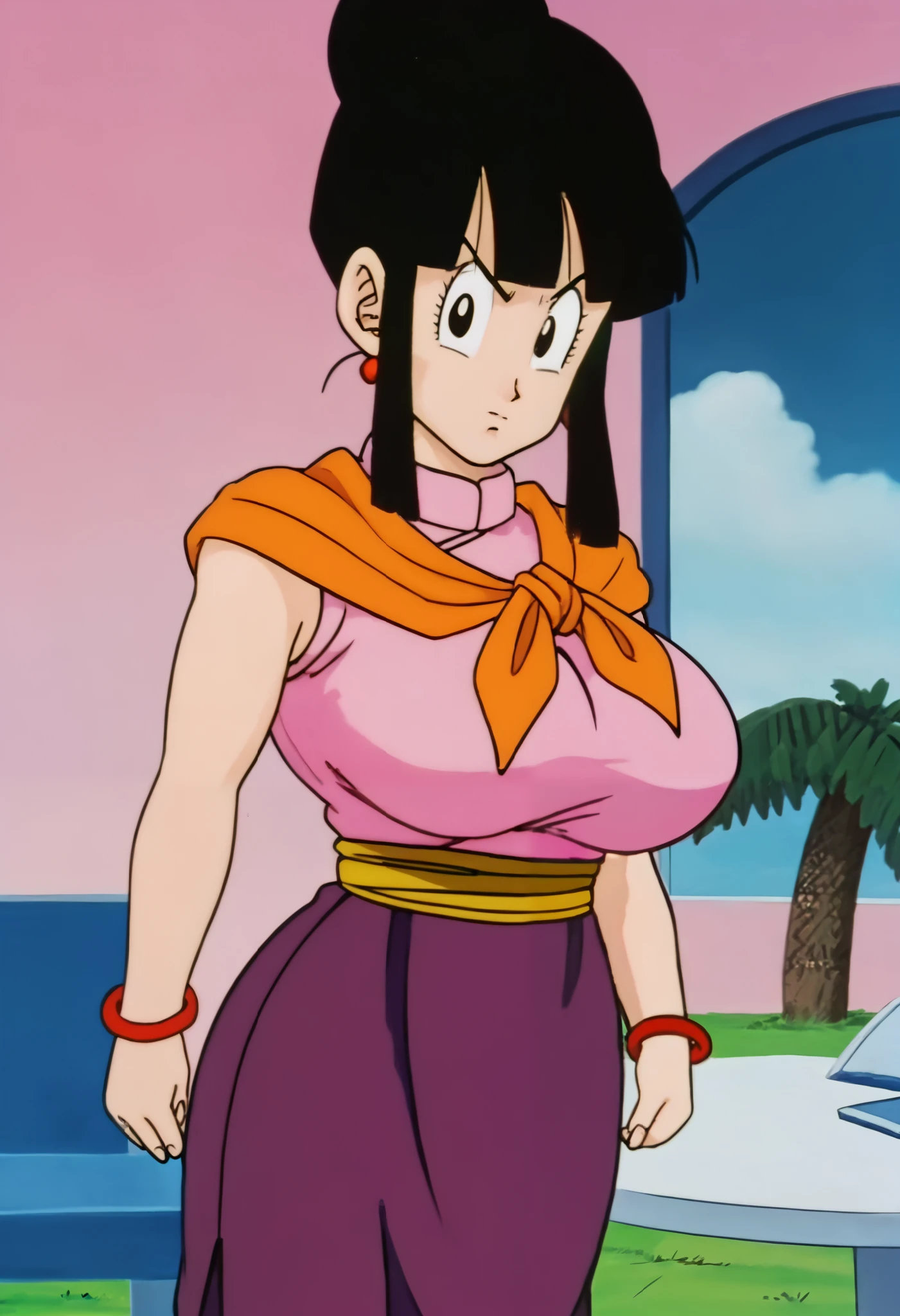 score_9_up, score_8_up, score_7_up, source_anime, break, uncensored brown hair, short hair, blue eyes, large breasts, blue and pink bracelet, four bracelets, yellow strapless tube top, pink shorts, blue belt, red platform sandals, pink choker, black thigh-high, black stockings, looking at viewer, belly button, pink jacket, cowboy shot, outdoors, smile, curvy, cleavage, yellow bag, crying, nipple, nsfw