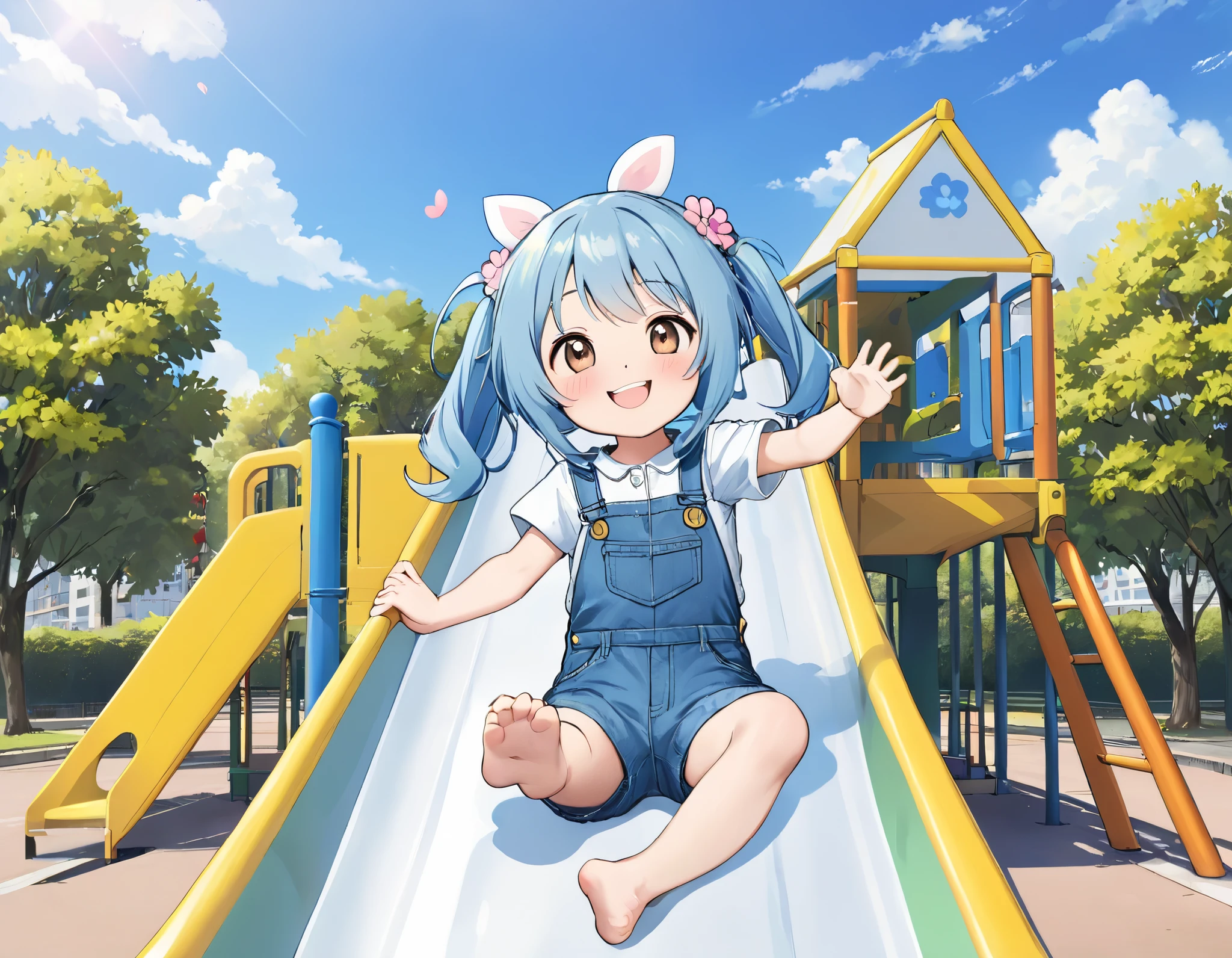 girl love playing on the slide. light blue long hair、 twin-tailed little characters 、Denim jumpsuit、 smiling and playing on the park's long slide、blue sky、A beautiful park with flowers 、There are lots of s playing in the park