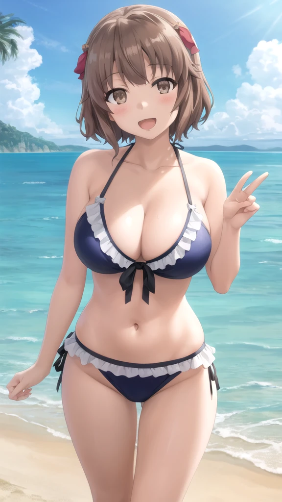 Masterpieces, Best Quality, girl, looking at viewer, azusagawa sakuta, solo, brown hair, brown eyes, large breasts, frilled bikini, beach, standing, smile, open mouth