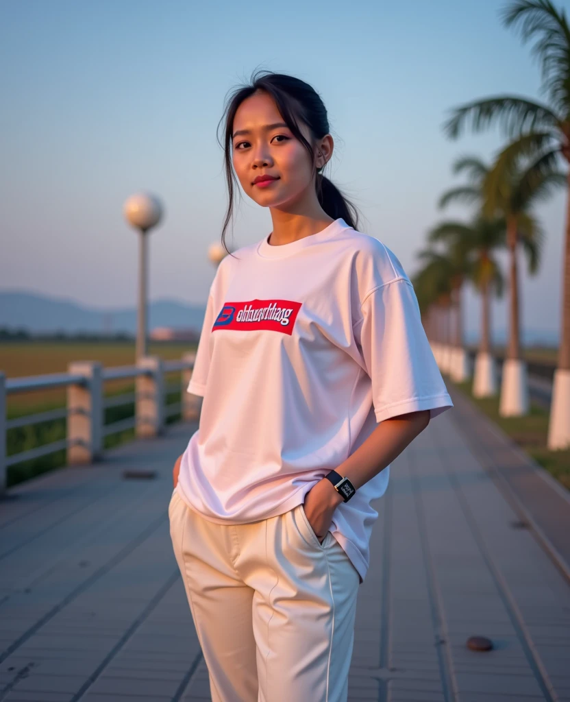 Thai-Vietnamese girl, 16 years old, white t-shirt. black jeans Streetside restaurant backdrop