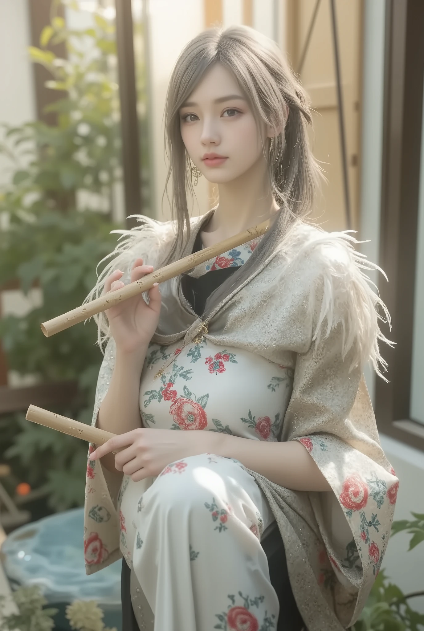 ancient style, Spring Garden, Outdoors, Gray Hair, Hanfu, nature, There's a pond in the courtyard , Begonia floating in a pond, girl sitting on a bench in the hallway , is wearing a clear feather robe, Holding a bamboo flute, random positions, complicated details, best quality, ray tracing, rendering, 8k, masterpiece