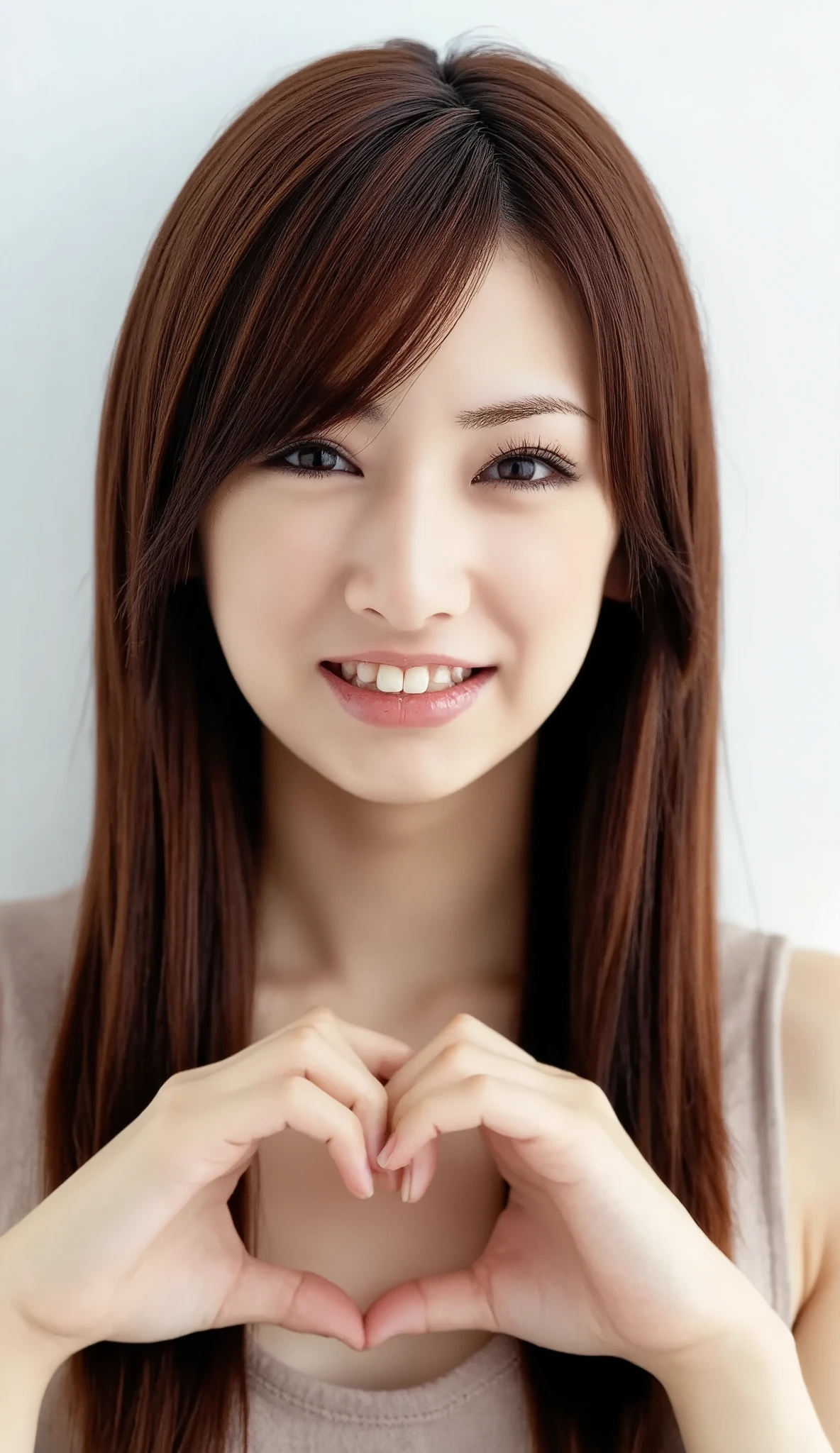 Super Fine、An upshot of her face、She smiles, wears a camisole, and poses with her hands in the shape of a heart in front of her chest、The background is plain、 high definition、細部にわたって high definition