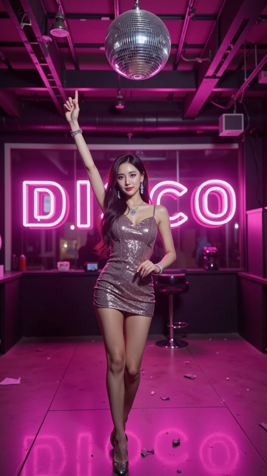Design a silver and pink dance hall,Large disco scene,High-end atmosphere,Technology,Requires international fashion style,Advanced light perception,Clear lines,High-definition realism,high resolution
