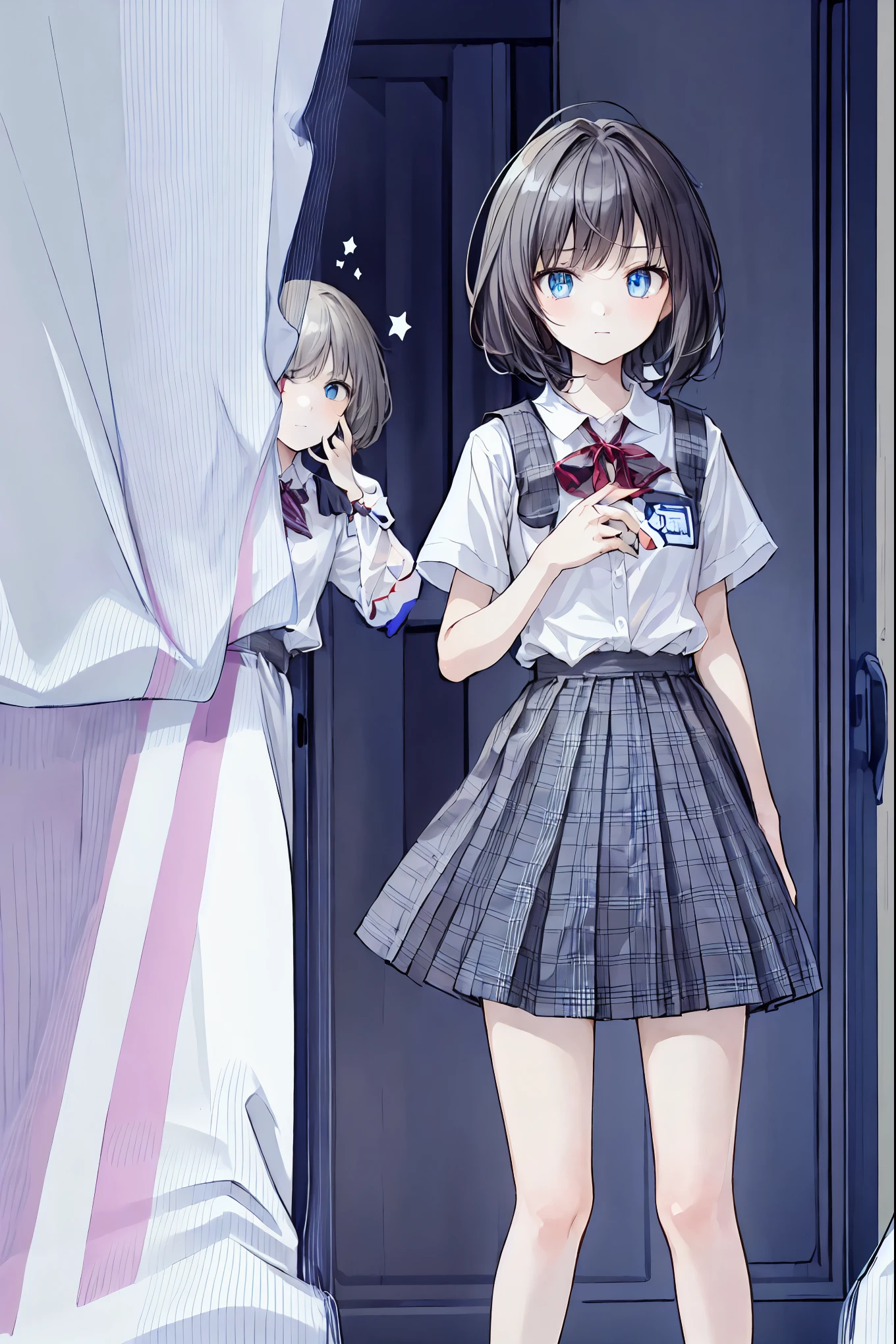 (( best quality)), ((masterpiece)), (  Details),  Perfect Faces ,  beautiful face,  best quality,  super high definition natural light ,   SHINY SKIN,   Details skin,   Details face,   Details eyes,   2 girls looking at each other ,  tea hairの女の子とポニーテールの女の子, They stand side by side holding hands 、 school classroom， tea hair， shortcuts， Unkempt Hair，Short braided hair，Neat， slender beautiful woman，Correct posture，Small chest， Beautiful Legs， their enchanting gray-blue eyes shine like stars， droopy eyes ， vibrant colors, beautiful eyes,A delicate smile,Textured Skin, Best Quality at its Best , gentle and beautiful woman , anime style､