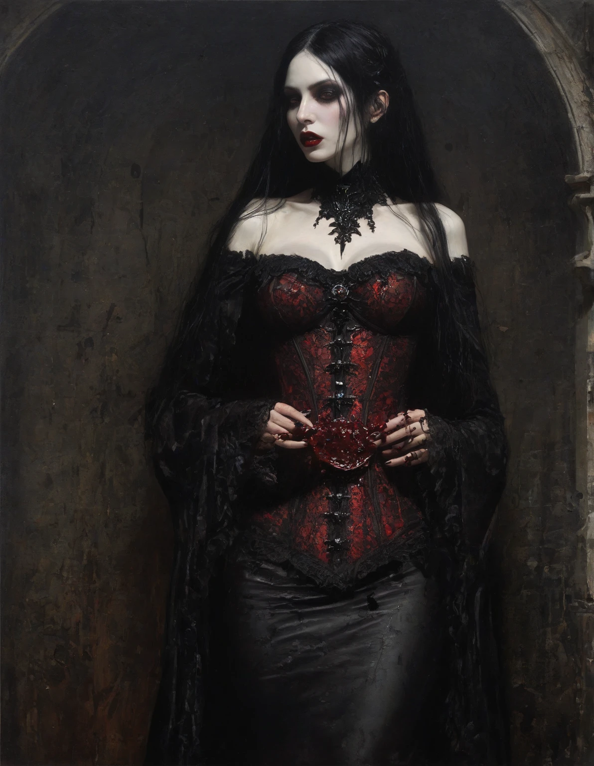a woman in a black and red costume posing for a picture, dark goth queen, she is the queen of black roses, queen of hell, succubus | medieval, dark goddess with six arms, beautiful elegant demon queen, gothic horror vibes, beautiful vampire female queen, portrait of a dark goddess, very sexy devil outfit, gothic maiden of the dark, gothic maiden