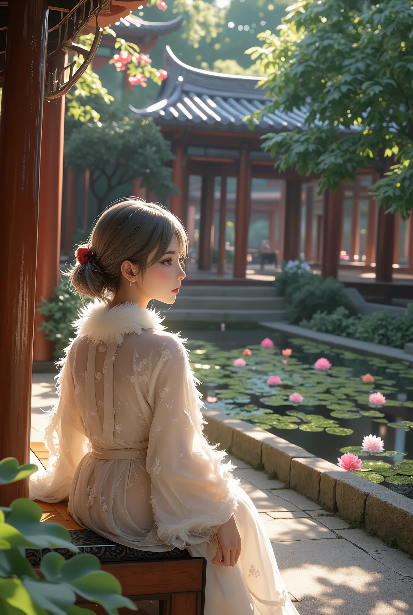 2D,  ancient style, Spring Garden, Outdoors, Gray Hair, Hanfu, nature, There's a pond in the courtyard , Begonia floating in a pond,  girl sitting on a bench in the hallway ,  is wearing a clear feather robe, ,  random positions,  complicated details,  best quality,  ray tracing,  rendering, 8k, masterpiece