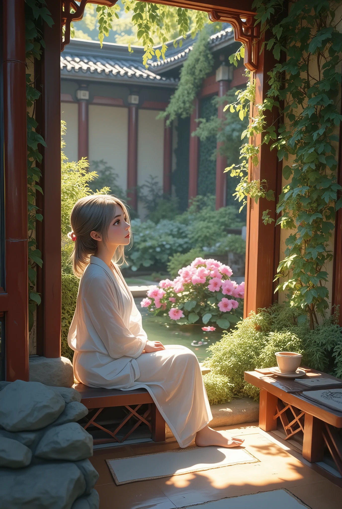 2D,  ancient style, Spring Garden, Outdoors, Gray Hair, Hanfu, nature, There's a pond in the courtyard , Begonia floating in a pond,  girl sitting on a bench in the hallway ,  is wearing a clear feather robe, ,  random positions,  complicated details,  best quality,  ray tracing,  rendering, 8k, masterpiece