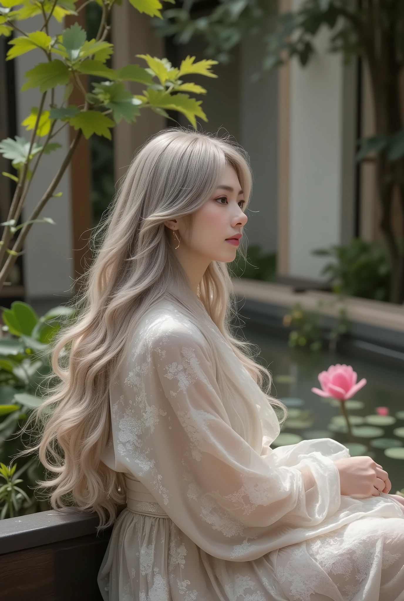 ancient style, Spring Garden, Outdoors, Gray Hair, Hanfu, nature, There's a pond in the courtyard , Begonia floating in a pond,  girl sitting on a bench in the hallway ,  is wearing a clear feather robe, ,  random positions,  complicated details,  best quality,  ray tracing,  rendering, 8k, masterpiece