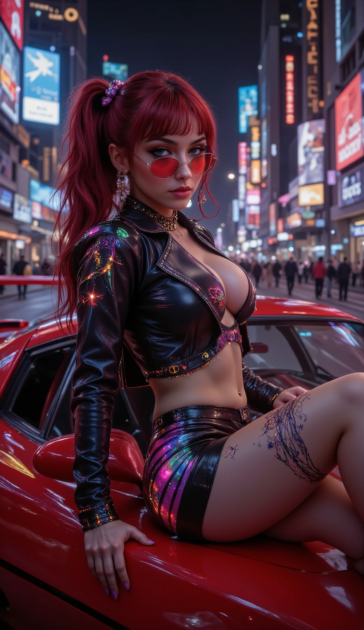 An alluring young woman lounges atop the hood of a sleek, red ferrari f40 car under the neon glow of a bustling cyberpunk city. Her hair, reflecting the kaleidoscope of vibrant lights from towering holographic billboards and flickering neon signs surrounding her. Her bare legs are stretched out toward the edge of the car, her toes pointed delicately in a teasing gesture, while her confident posture radiates both mischief and seduction.
She’s dressed in a provocative fusion of leather and neon, a cropped jacket with glowing accents paired with a dangerously short skirt that reveals just enough to spark curiosity. Her thigh-high stockings feature neon detailing, complementing her playful yet edgy look. Her piercing green eyes lock onto you, a daring smirk playing on her lips, as if daring you to step closer. The hum of engines and the distant chatter of the city form the backdrop, framing her as the undeniable queen of this urban neon paradise—a mix of playful charm and untouchable confidence that leaves you spellbound. realistic photo style, add red diamond frame heart sunglass