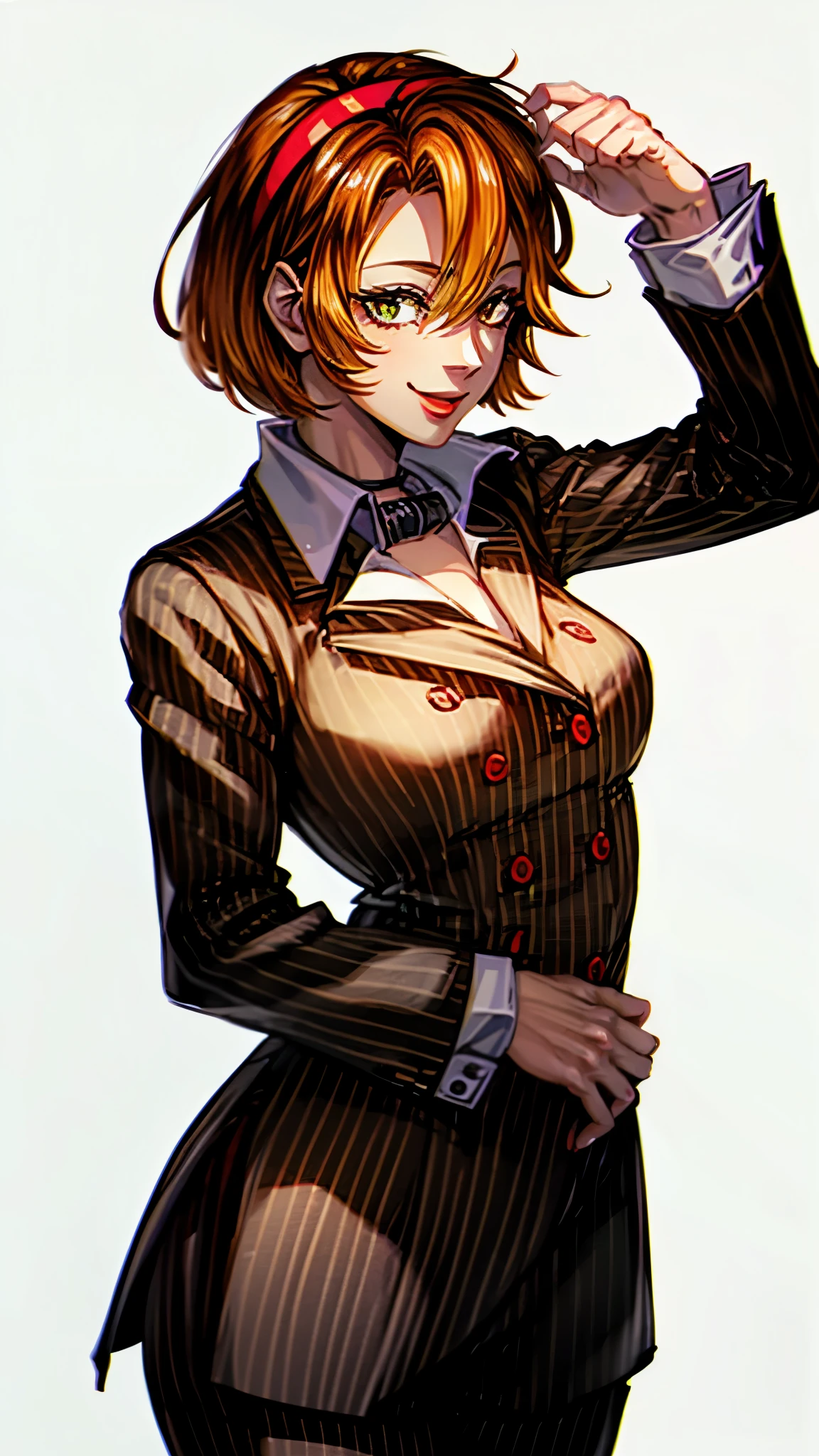 （ Super high quality, super high resolution,16k,super masterpiece,Ultra HD ,Detailed shading and background,）Sexy woman, orange short hair, red headband , Sexy White Shirt ,black suit and pants with striped pattern,smile,