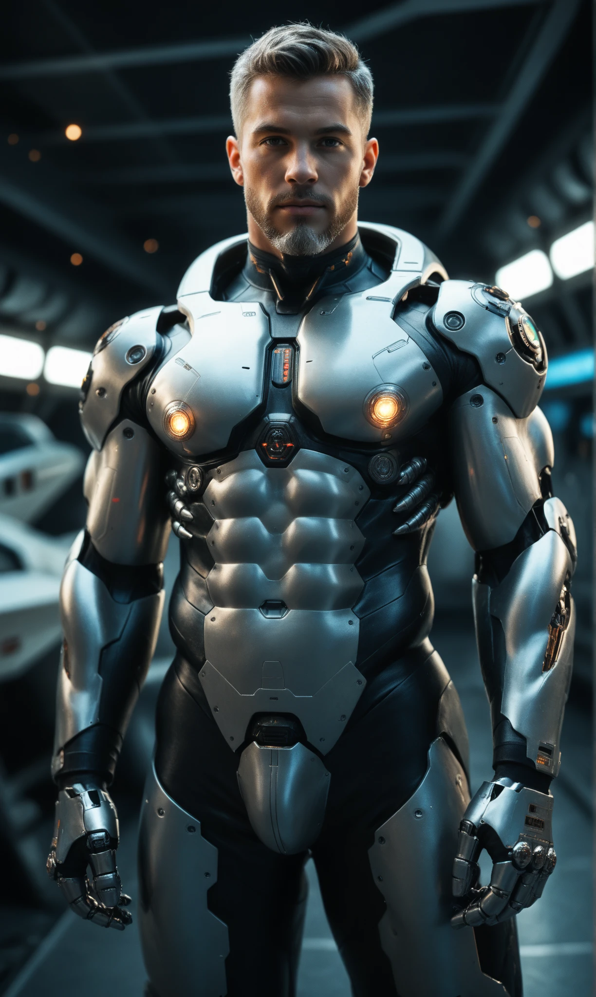 a full body muscular male (cyborg ), biomechanical render, still from a ridley scott movie, detailed humanoid bot buzzcut haircut, style of wlop, cyborgdingal, 2 0 1 6 6 haircut, encyclopedia editorial, huge crotch bulge, around --auto --s2