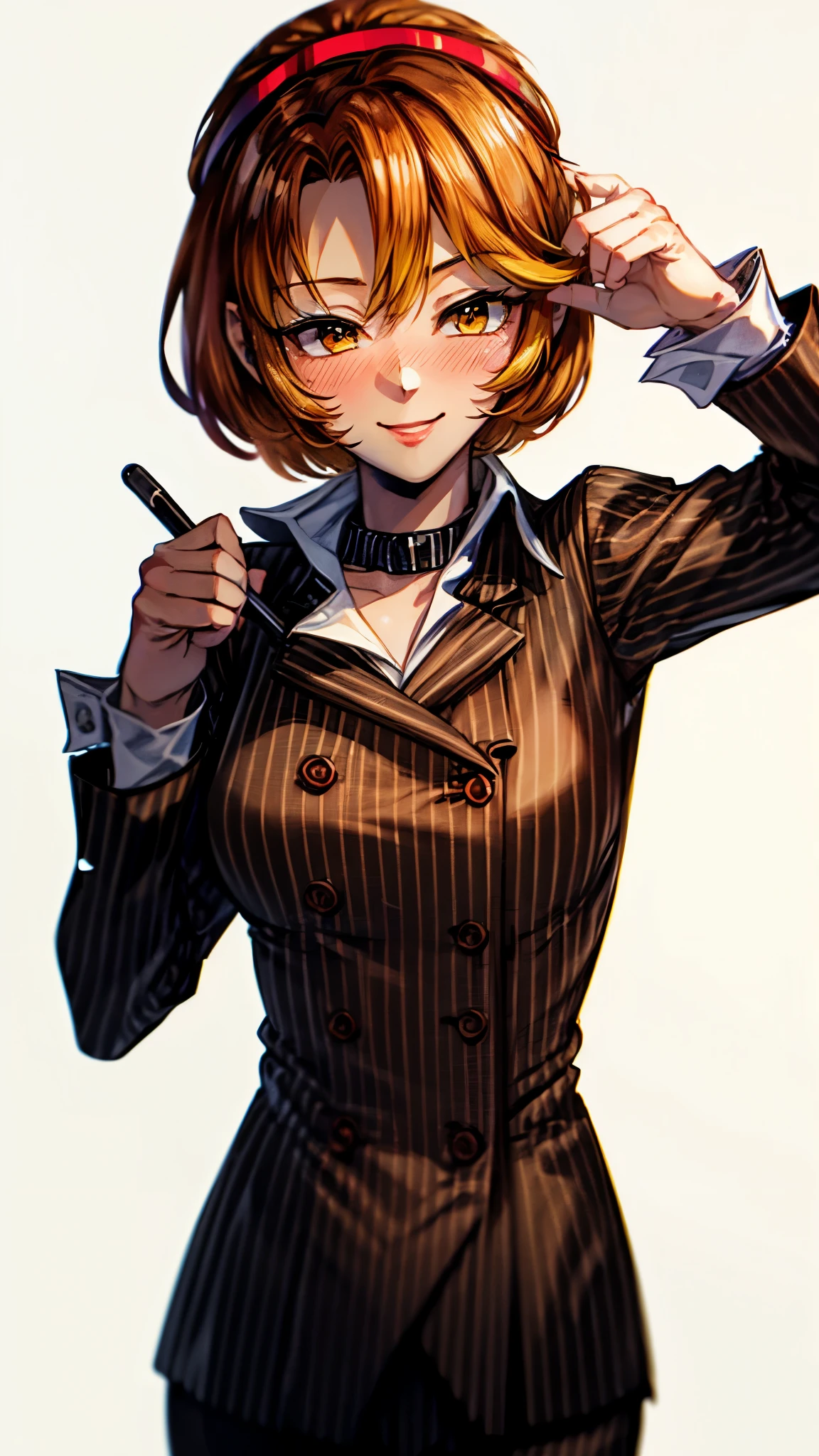 （ Super high quality, super high resolution,16k,super masterpiece,Ultra HD ,Detailed shading and background,）Sexy woman, orange short hair, red headband , Sexy White Shirt ,black suit and pants with striped pattern,smile,blush,