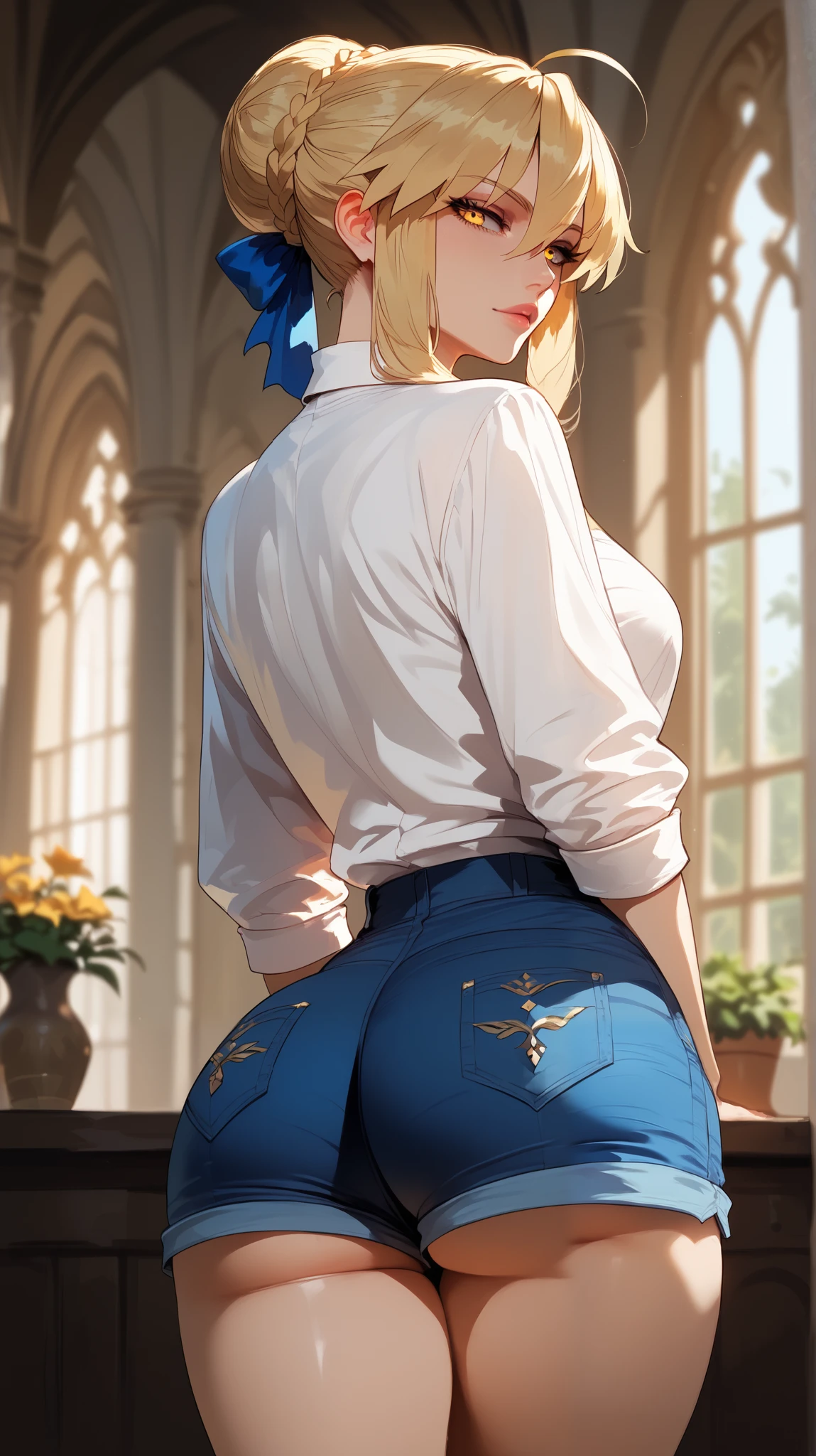 High resolution, Very detailed, perfect lighting, beautiful detailed eyes, ((masterpiece,Best Quality)), absurdities, alone, princess zelda, by the width, crown braid, Hair clip, pointy ears, blue shirt, long sleeves, Gloves without fingers, black gloves, shorts blancos, tight white shorts, smile, curves, nod, , deep neckline, deep neckline, bare breasts, bare breasts, NSFW, visible nipples, visible nipples, view from behind, view from behind, big butt, big butt, use a night meadow as a background