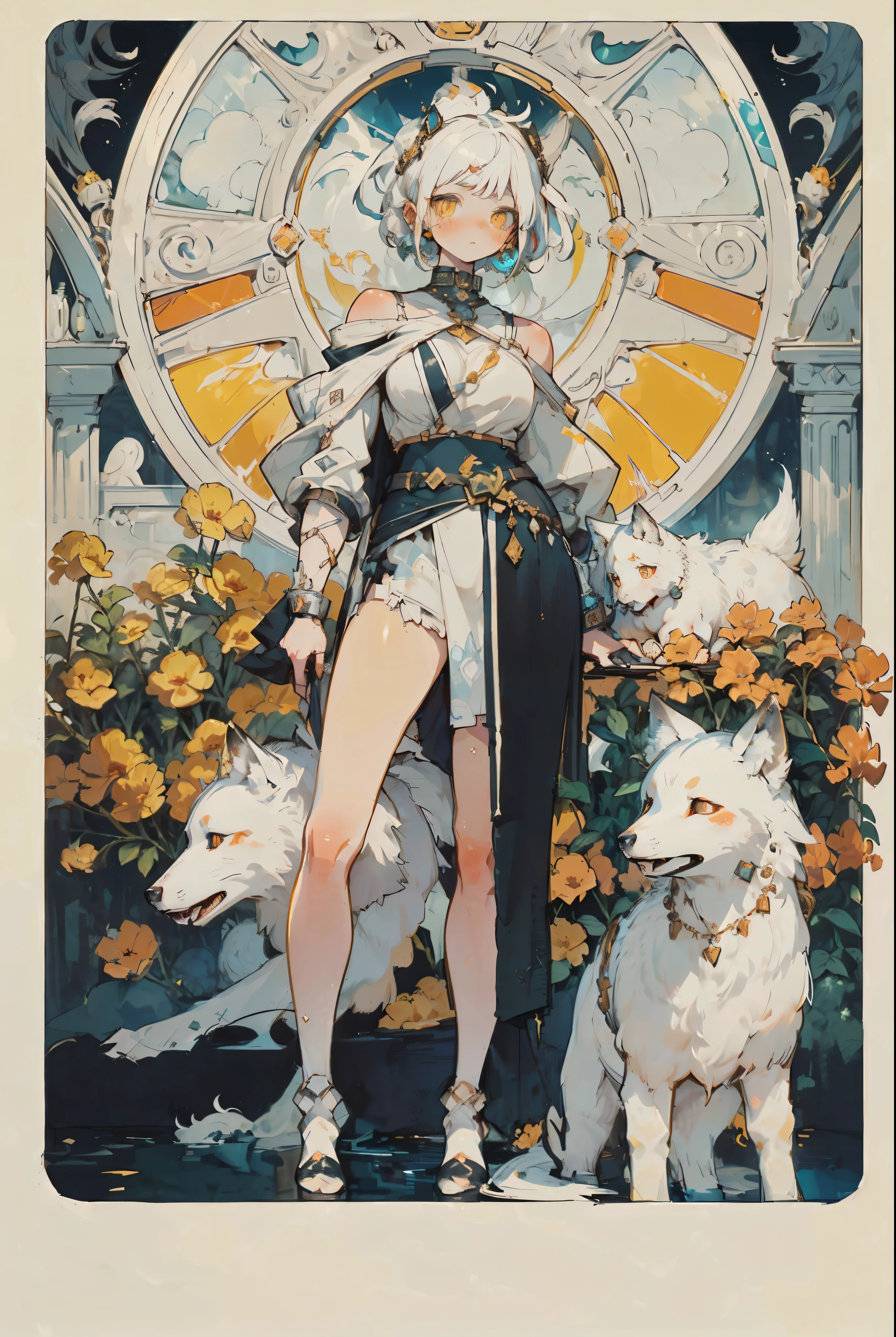 Full Body Portrait , ( super detailed , super high res , detailed background ),((2D)),(( flat color)),((achromatic )), One girl ,, viewers, loose red flight suit , wear large sheepskin colored bomber jacket, ( big yellow boots ), Plush color , Full Body Portrait , wear VR goggles , (( Baron Desert Intracat background )), ((Doomsday City)), Expressing the whole body , (( drone next to her )), Pop Art Style, exoskeleton,This image depicts a fantastical scene with a young woman wearing an elaborate, ornate outfit standing amidst a decorative, floral-filled setting. The woman has a serene, contemplative expression and is surrounded by several white wolves.
From a technical and artistic perspective, the image showcases:
- Intricate, detailed character design with a striking, ornamental outfit featuring rich colors, patterns, and textures
- Skilled use of lighting and atmospheric elements to create a sense of magical, dreamlike ambiance
- Careful composition, with the central figure and surrounding wolves forming a balanced, visually engaging layout
- Incorporation of natural, floral motifs that complement the overall fantastical theme
- Expressive character rendering, with subtle facial features and body language that convey a sense of tranquility and poise
Overall, the image presents a visually captivating, imaginative scene that blends elements of fantasy, nature, and intricate artistic styling. The level of detail and thoughtful composition create a sense of immersion and wonder for the viewer.
A young woman with short, white hair, light skin, and striking, expressive eyes stands centrally in the image. She is positioned slightly left of center, facing forward. Her posture is confident and regal, and she wears an off-the-shoulder, flowing, layered garment in shades of white and dark gray/black, suggesting an ornate, almost ceremonial style. She has a slender build and is adorned with accessories that appear delicate and ornamental.