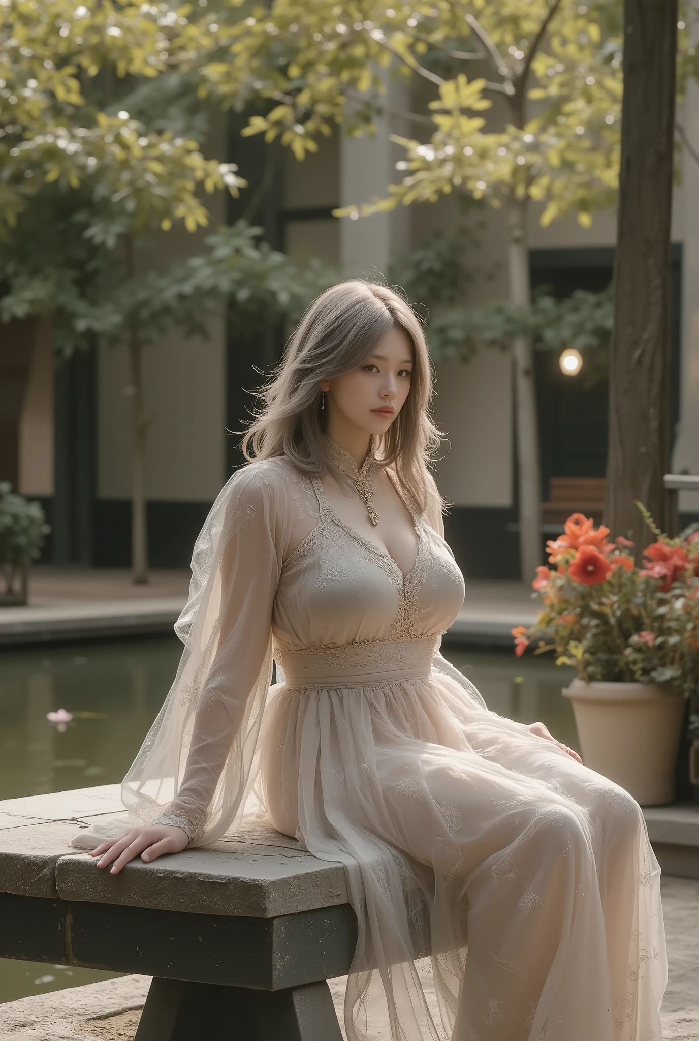 ancient style, Spring Garden, Outdoors, Gray Hair, Hanfu, nature, There's a pond in the courtyard , Begonia floating in a pond, girl sitting on a bench in the hallway , is wearing a clear feather robe, , random positions, complicated details, best quality, ray tracing, rendering, 8k, masterpiece