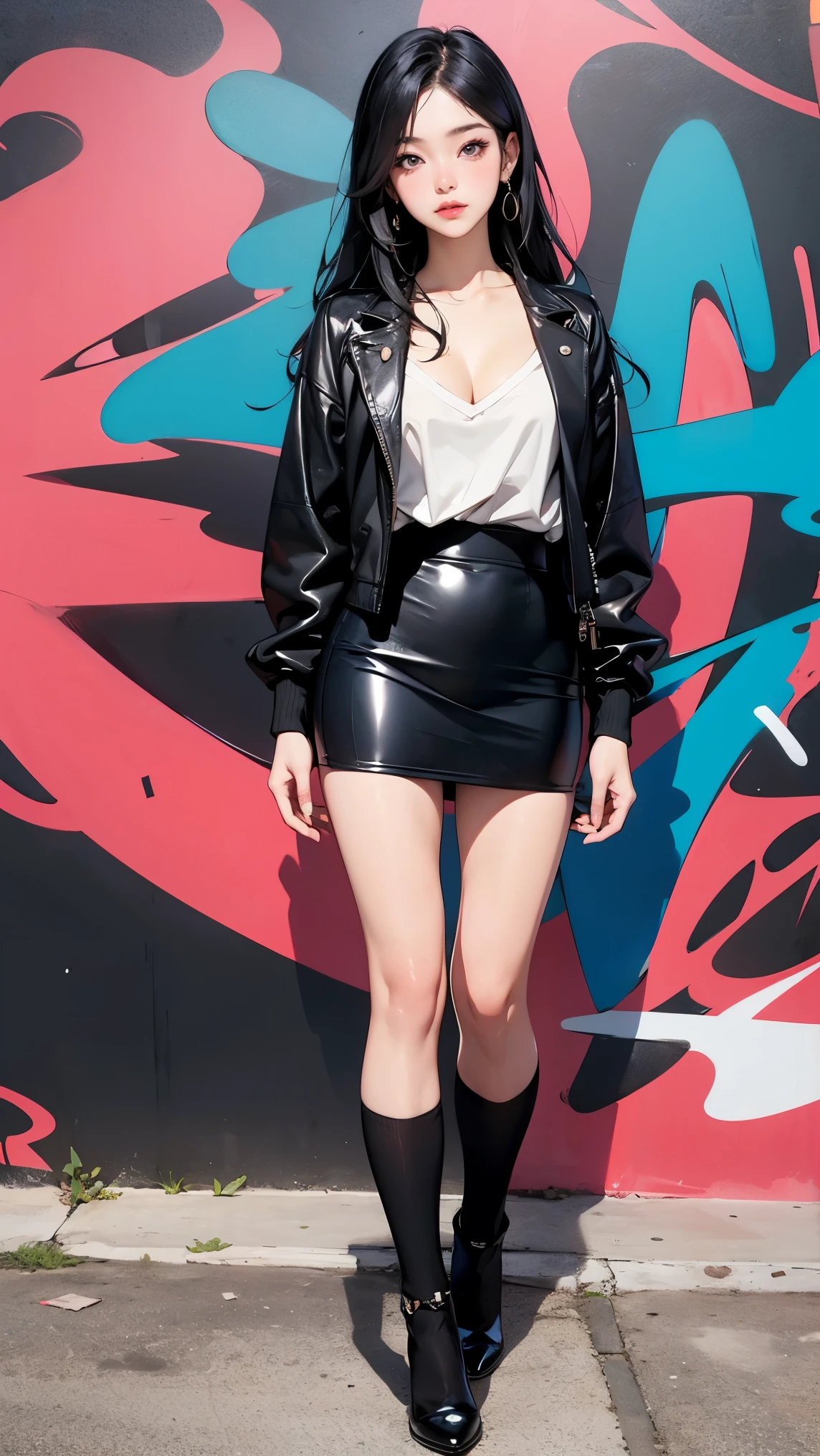 ((masterpiece, High Quality , 最 High Quality , 8k, wallpaper, Details, is present)), 1girl , Korean pop star , over knee high socks, high heels, long legs , beautiful symmetrical eyes 、Beautiful long black hair, Clean hands, fringe, full body, simple red background, (Graffiti wall:1.2), ( rich breasts)、strong, Brave, cool, Black Leather Mini Skirt、fuller lips, long eyelashes,