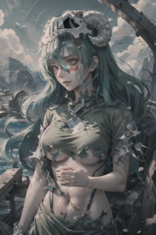 1 girl,young,,blue long hair,A tattered cat ear hat with patches,Brown clothes that are tattered and patched up,Battered girl,mole,Lightless green eyes,,small breasts,grassland,Her nipples are visible through the gaps in her torn clothes,blood return