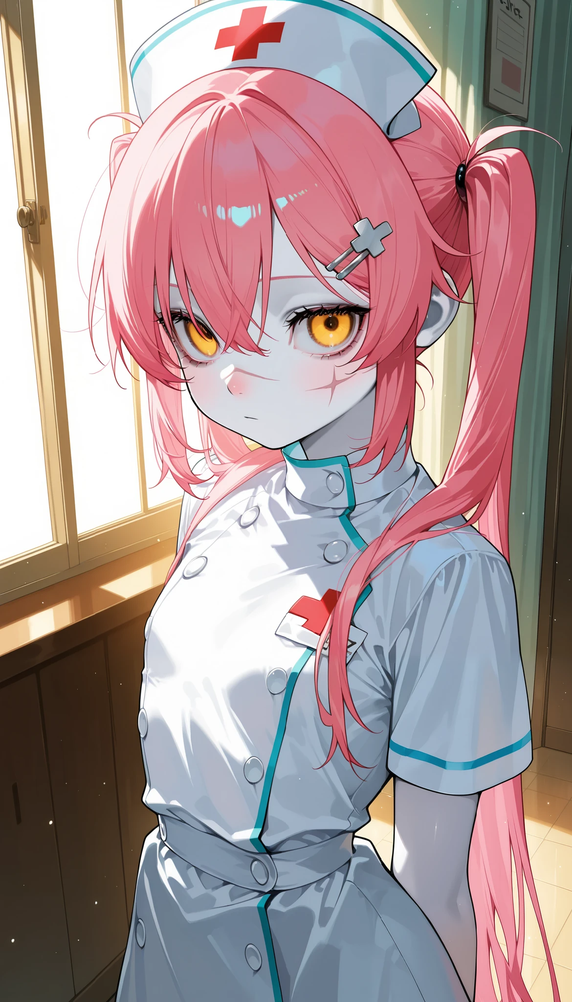 beautician 、 nurse uniform、 Please redeem 、masterpiece、 one girl、2、 white skin、 expressionless 、 raise the corner of the mouth、 pink hair with a scar。 twin tails、 hair clip 、大きな hair clip 、Cute hair clip s、Gray Eye、 Small red cheeks and nose、 flat chest、 small breasts、 small breasts、Dead Eyes、 Dead Man 's eyes、