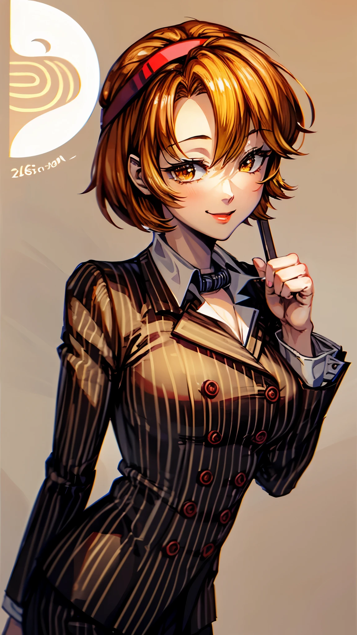 ( Super high quality, super high resolution,16k,super masterpiece,Ultra HD ,Detailed shading and background,)Sexy woman, orange short hair, red headband , Sexy White Shirt ,black suit and pants with striped pattern,smile,Chinatown where the rising sun shines,