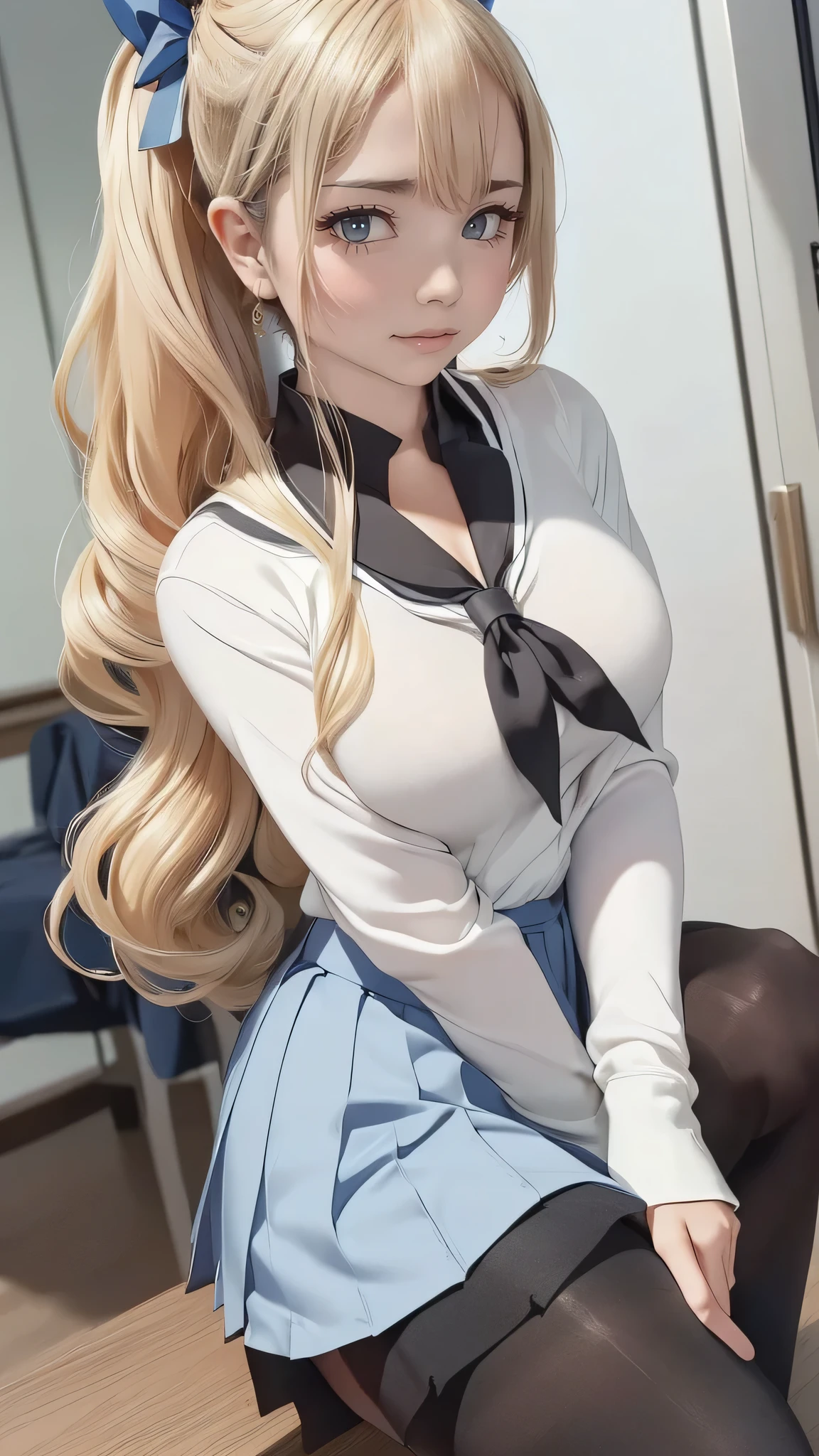 is completely anatomically correct,  A Anime Extremely Beautiful Girl (((School Uniform, Black Pantyhose, リボンの結び目が正しい))), Big breasts, video, (((Half updo Blonde Hair,  blue eyes))), inviting, top quality,  textured skin, 細い足 